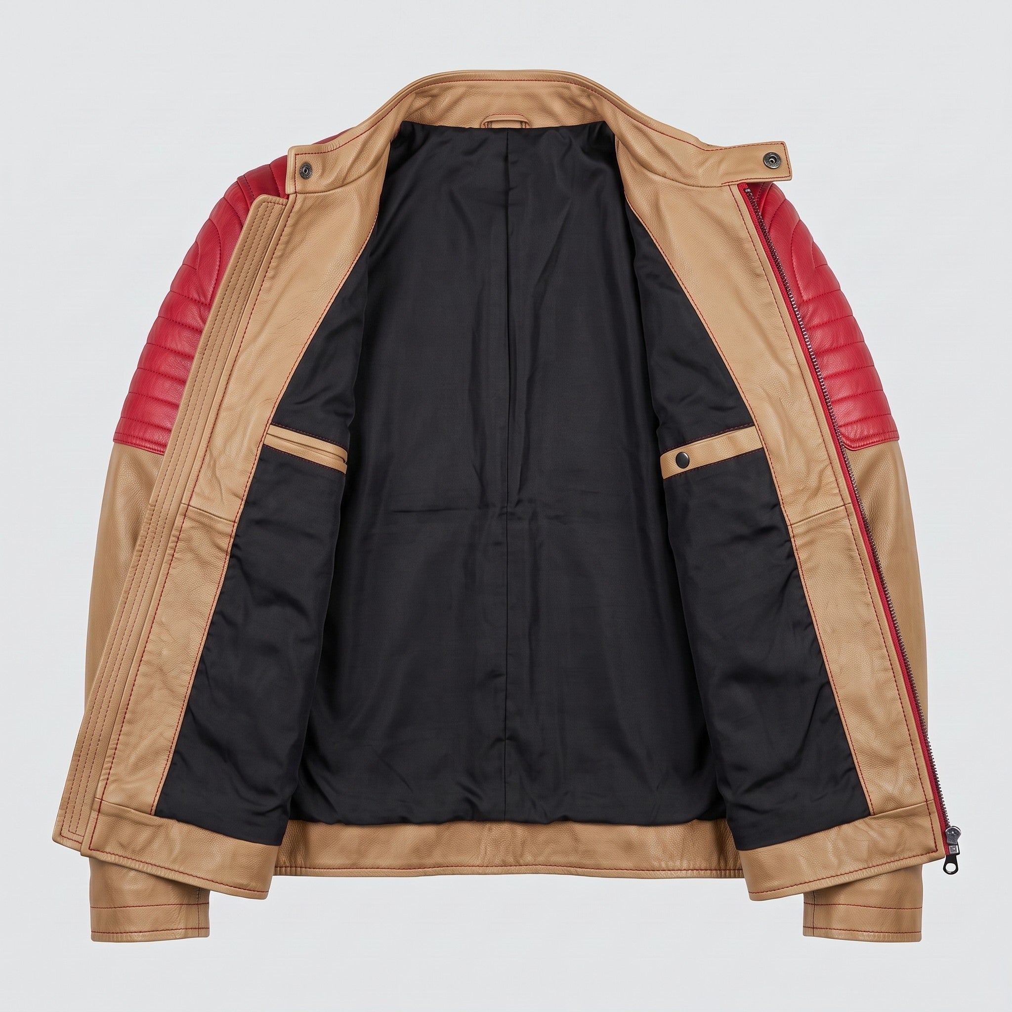 Men's Tan and Red Quilted Leather Cafe Racer Jacket — Egremont