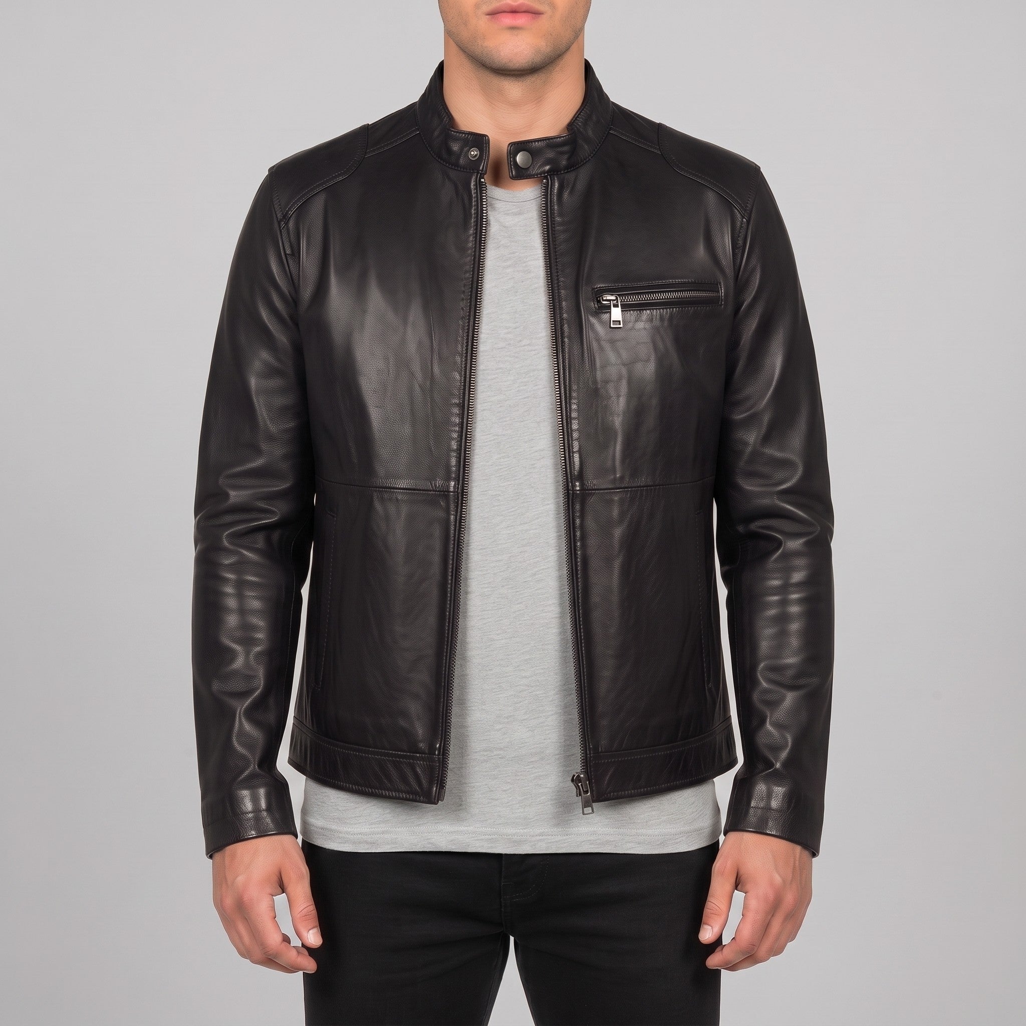 Men's Black Leather Cafe Racer Jacket — Kendal