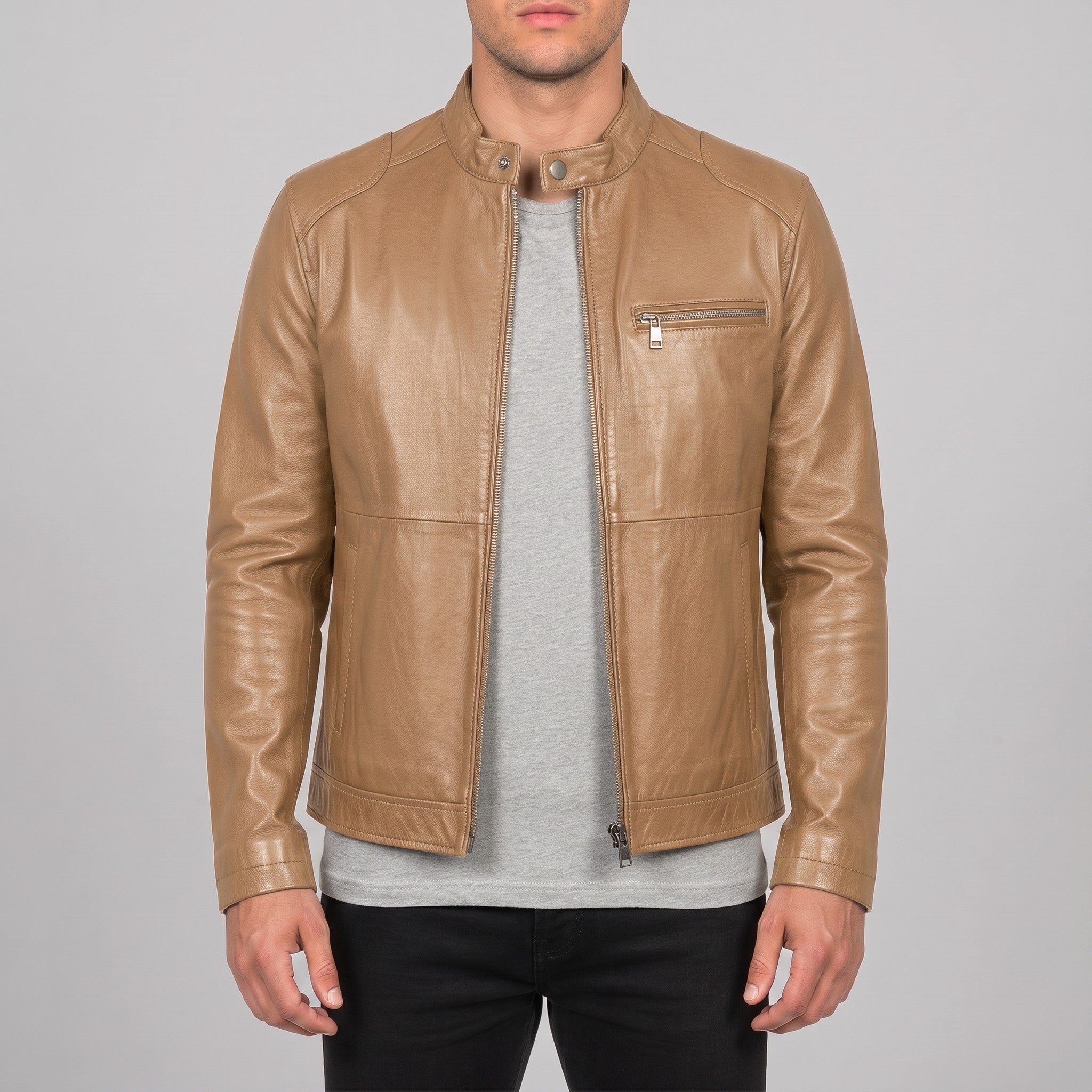 Men's Tan Leather Cafe Racer Jacket — Kendal