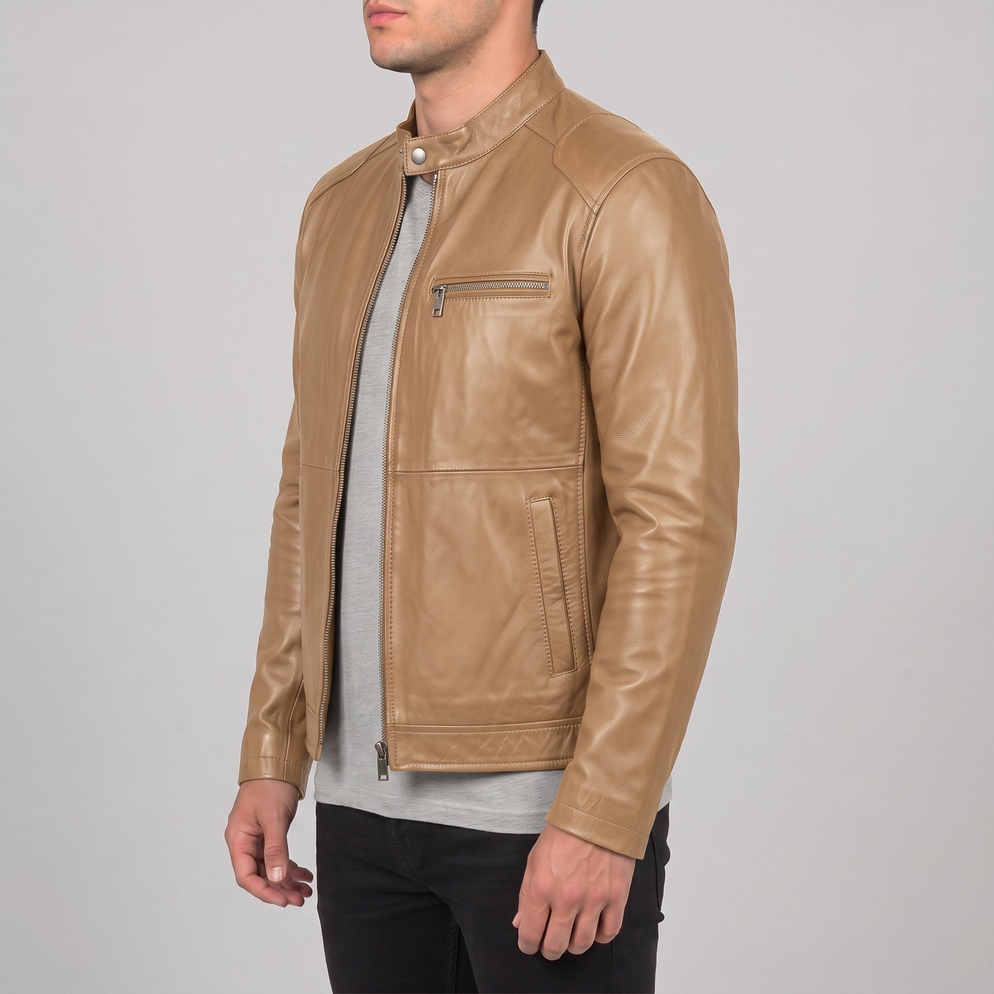 Men's Tan Leather Cafe Racer Jacket — Kendal