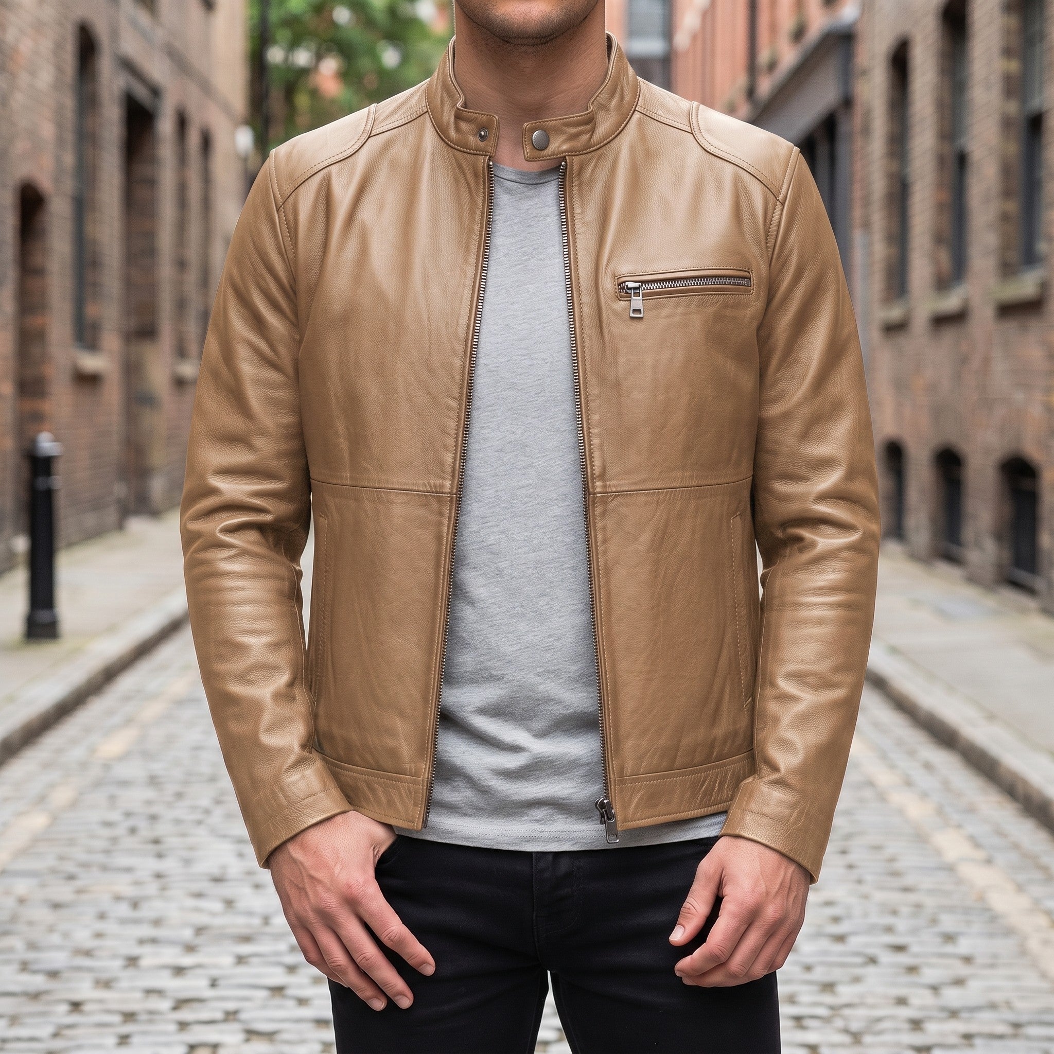 Men's Tan Leather Cafe Racer Jacket — Kendal
