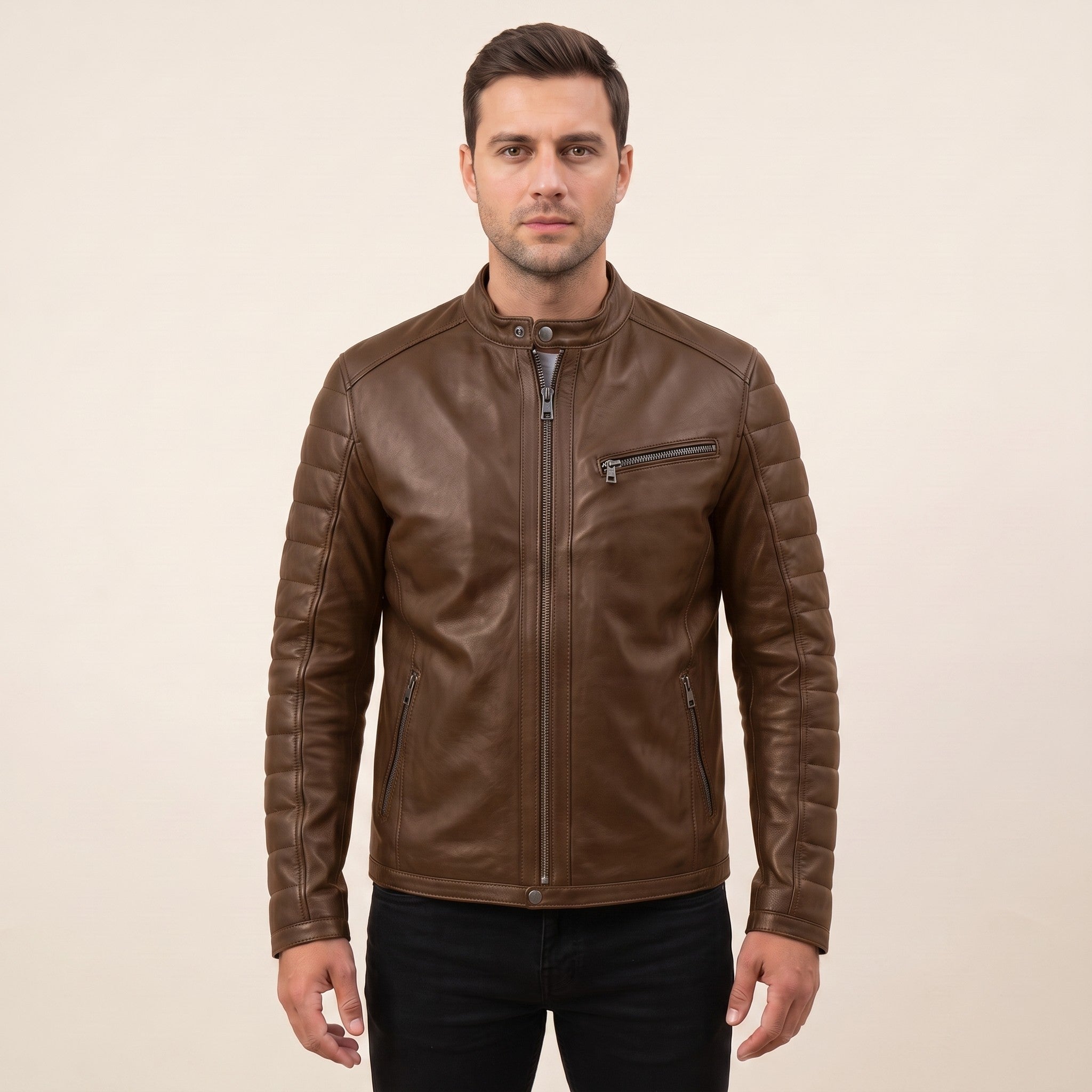 Men's Brown Quilted Leather Biker Jacket — Witney