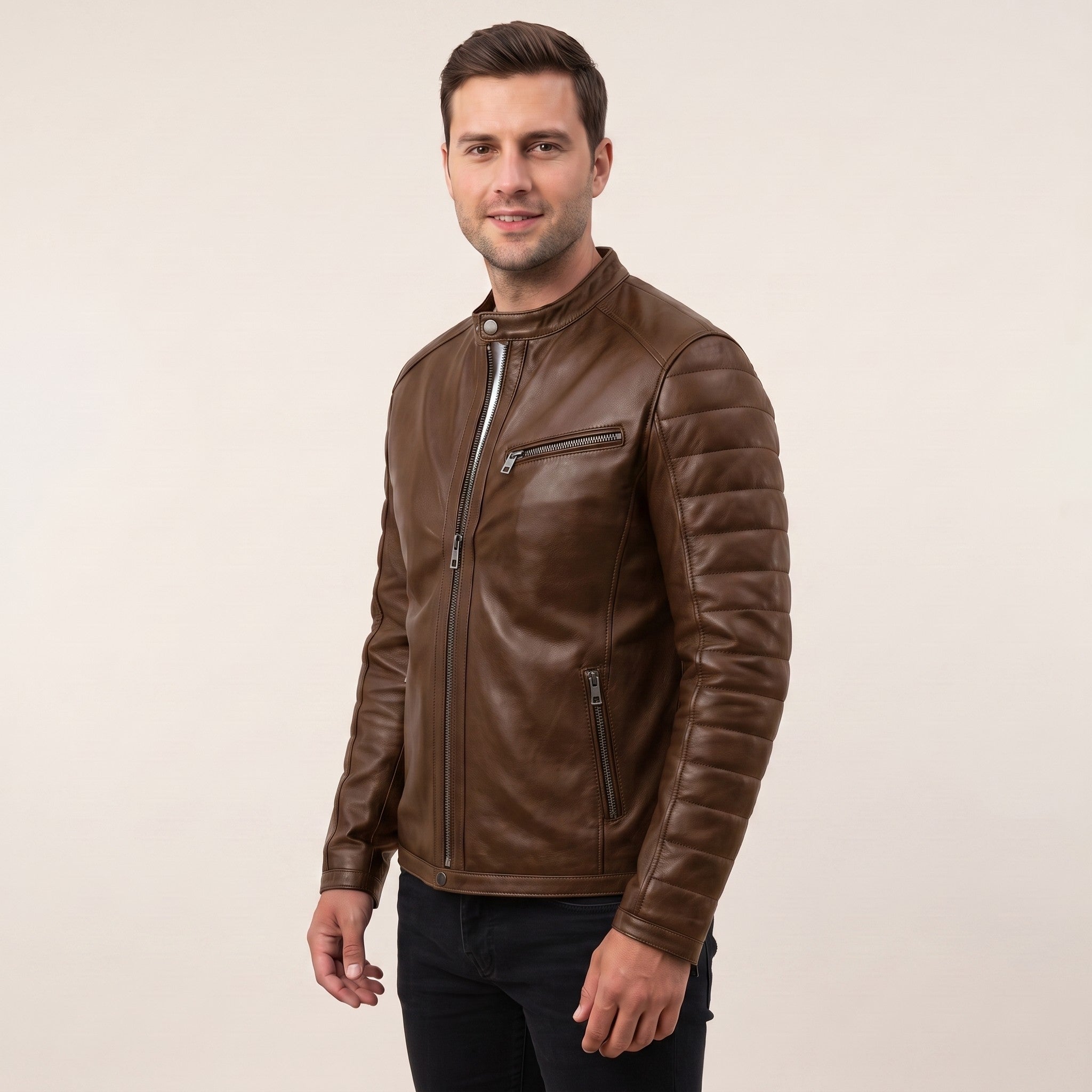 Men's Brown Quilted Leather Biker Jacket — Witney