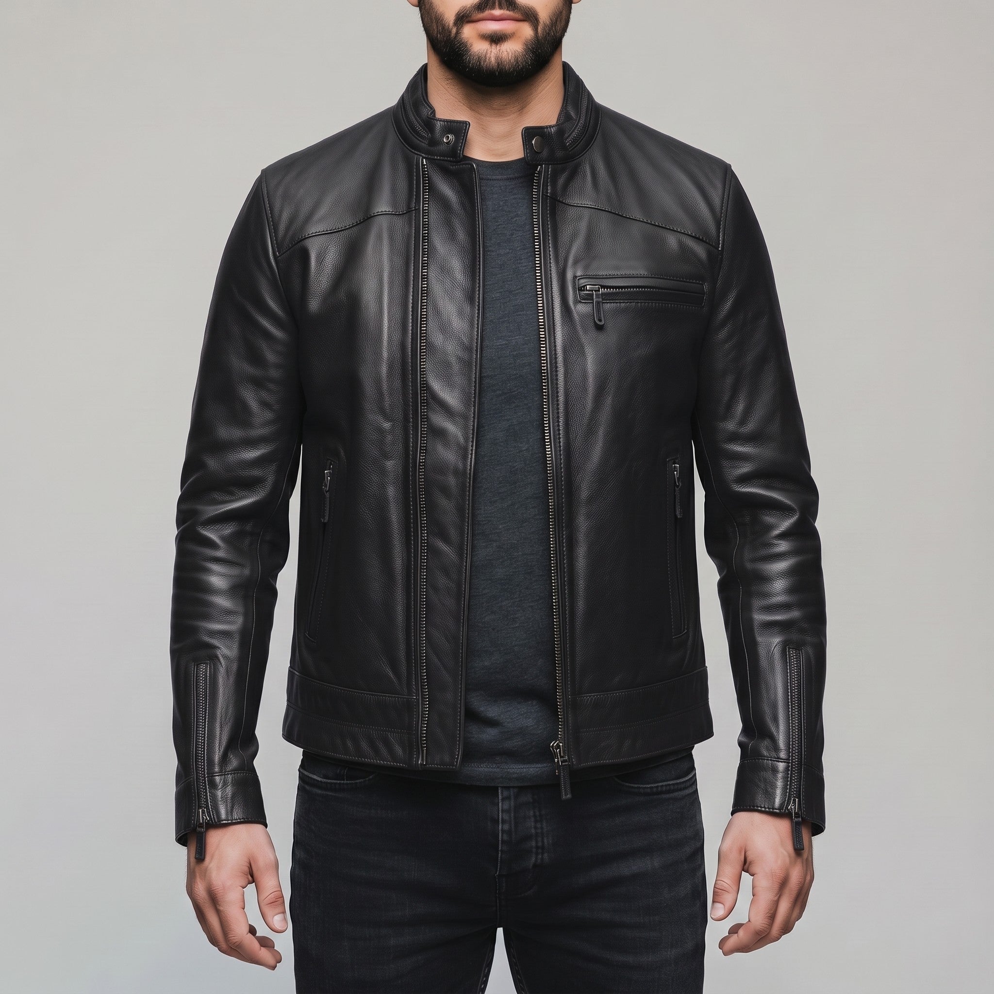 Men's Black Leather Cafe Racer Jacket — Holton