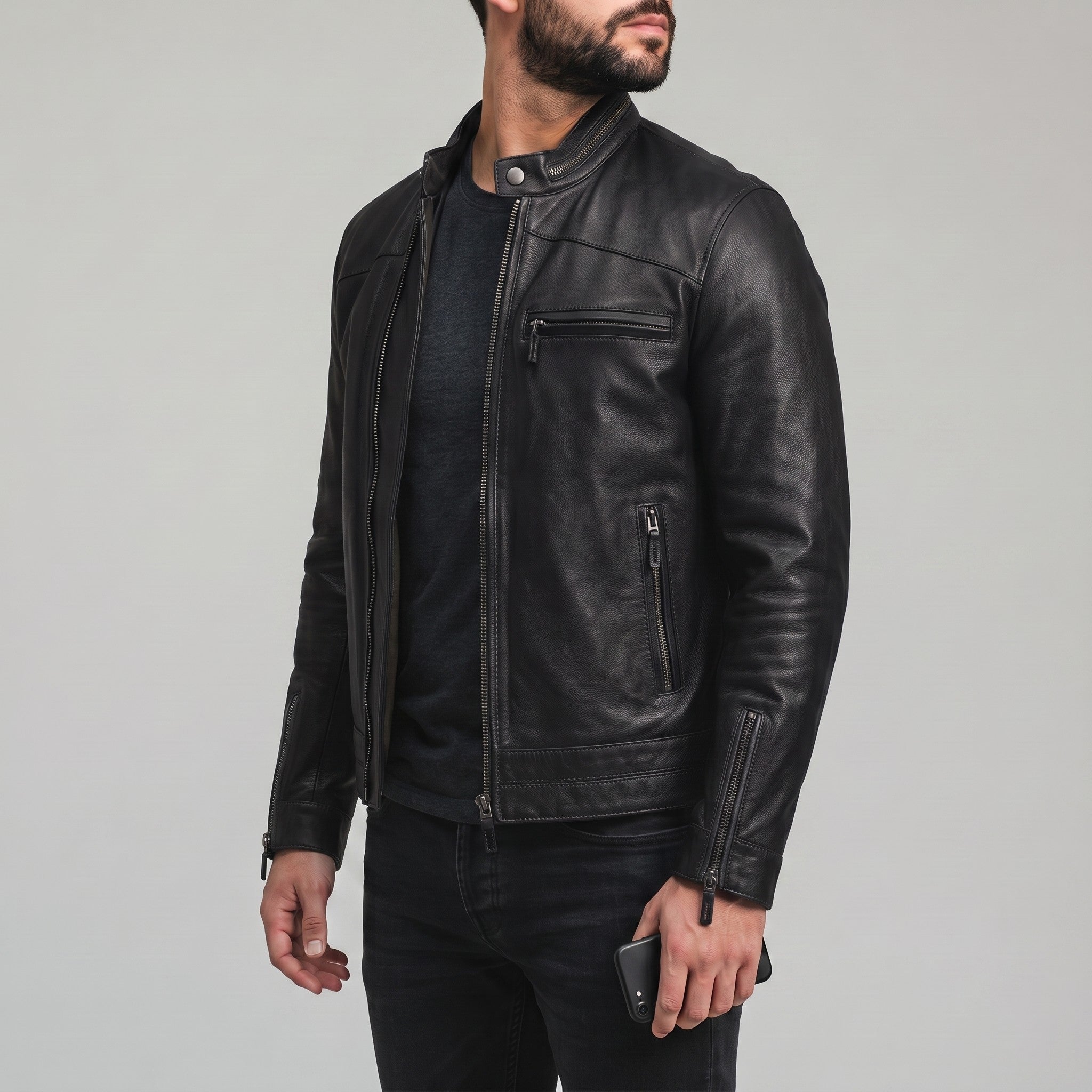Men's Black Leather Cafe Racer Jacket — Holton