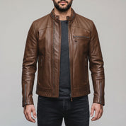 Men's Brown Leather Cafe Racer Jacket — Holton
