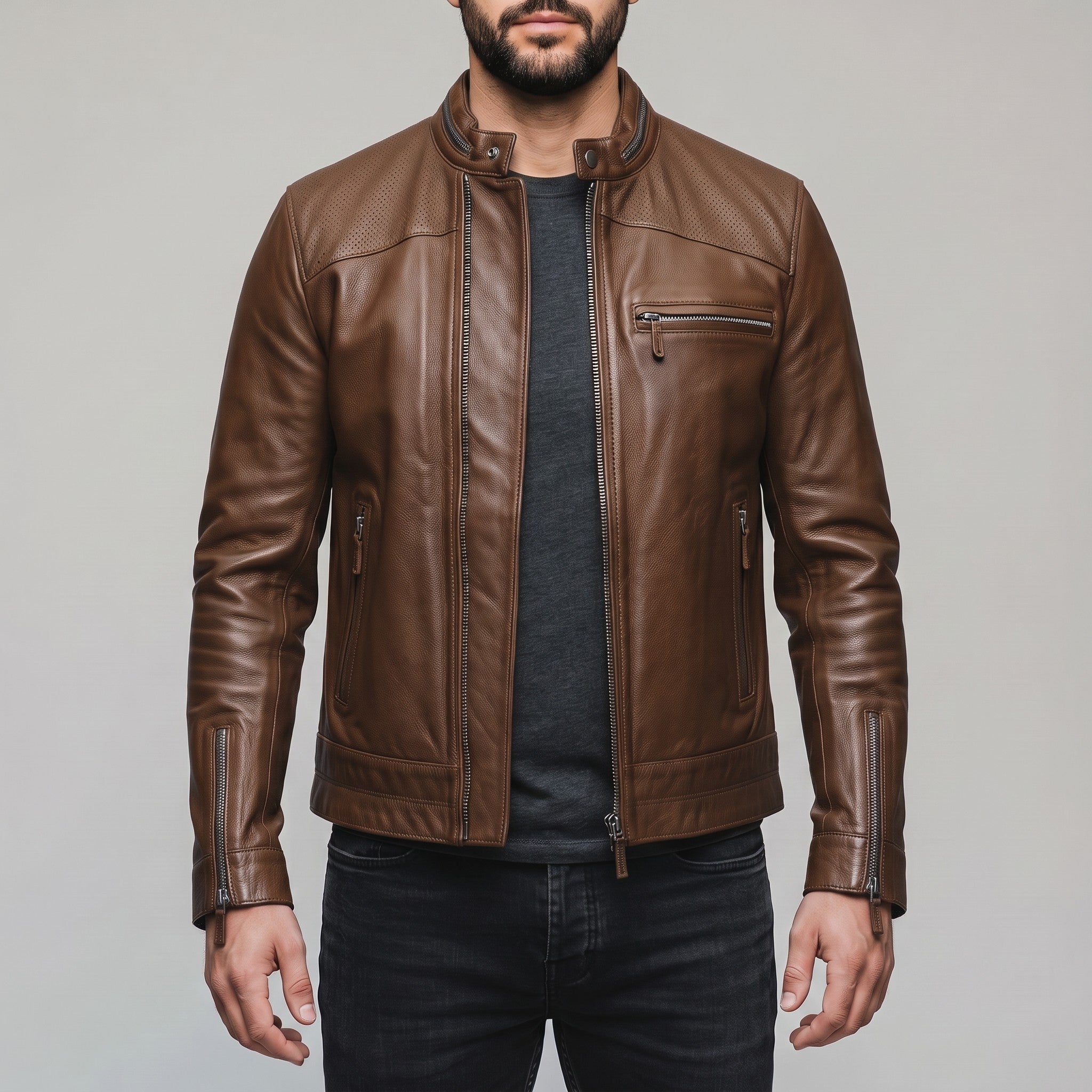 Men's Brown Leather Cafe Racer Jacket — Holton