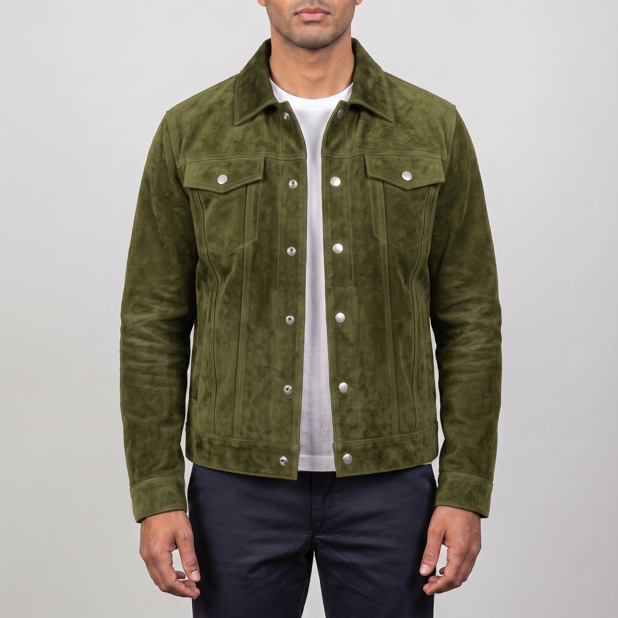 Men's Olive Green Suede Trucker Jacket — Gladwell