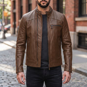 Men's Brown Leather Cafe Racer Jacket — Holton