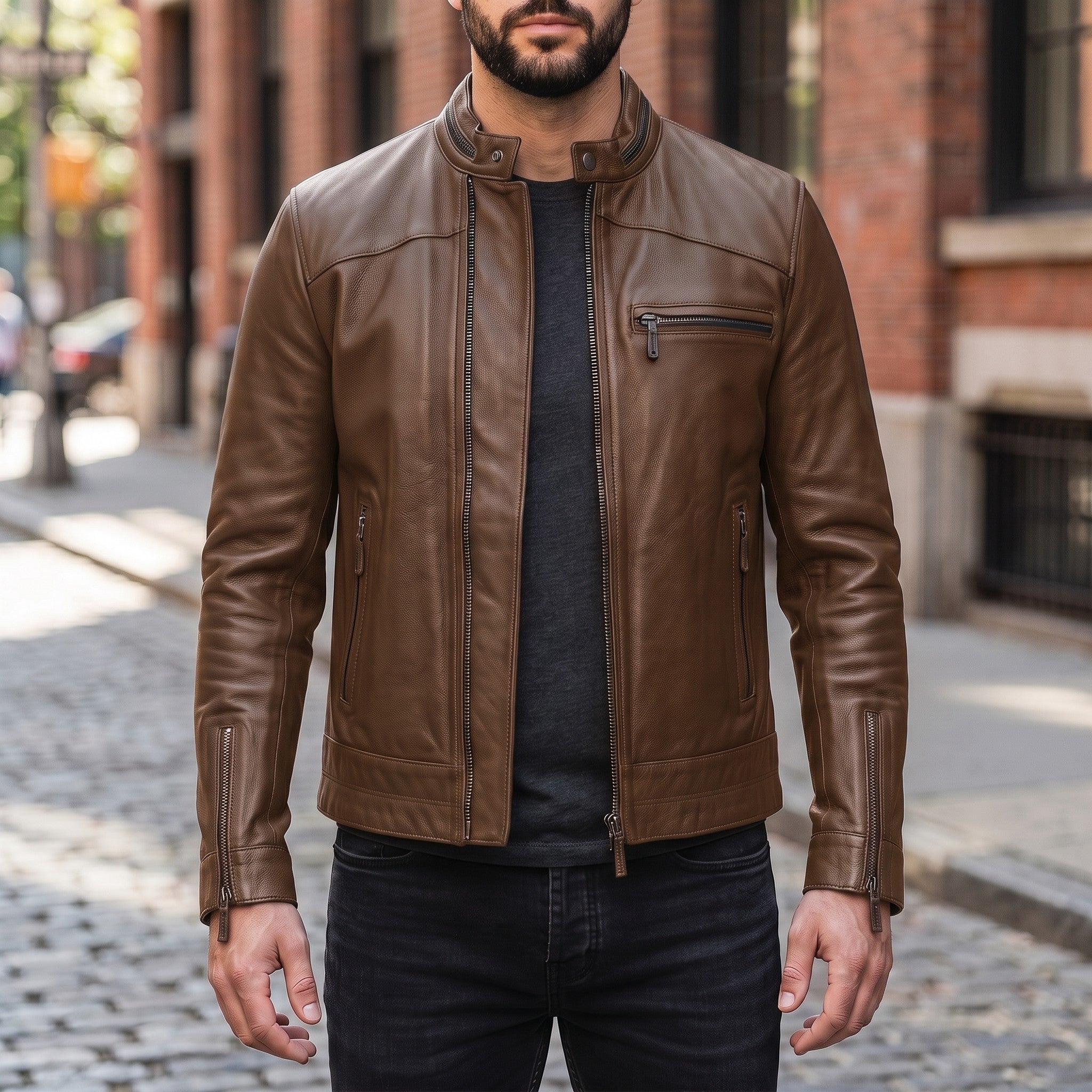 Men's Brown Leather Cafe Racer Jacket — Holton