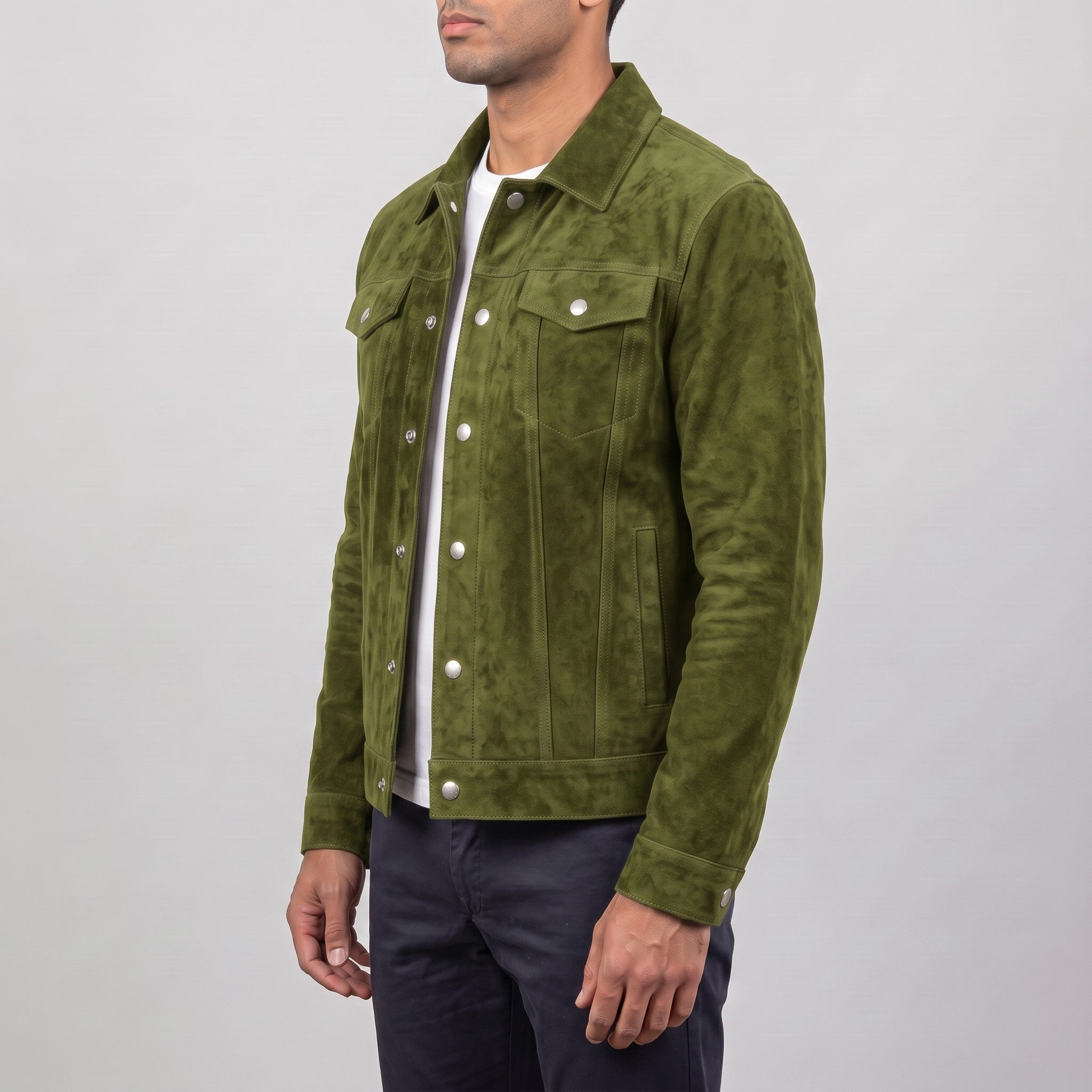 Men's Olive Green Suede Trucker Jacket — Gladwell
