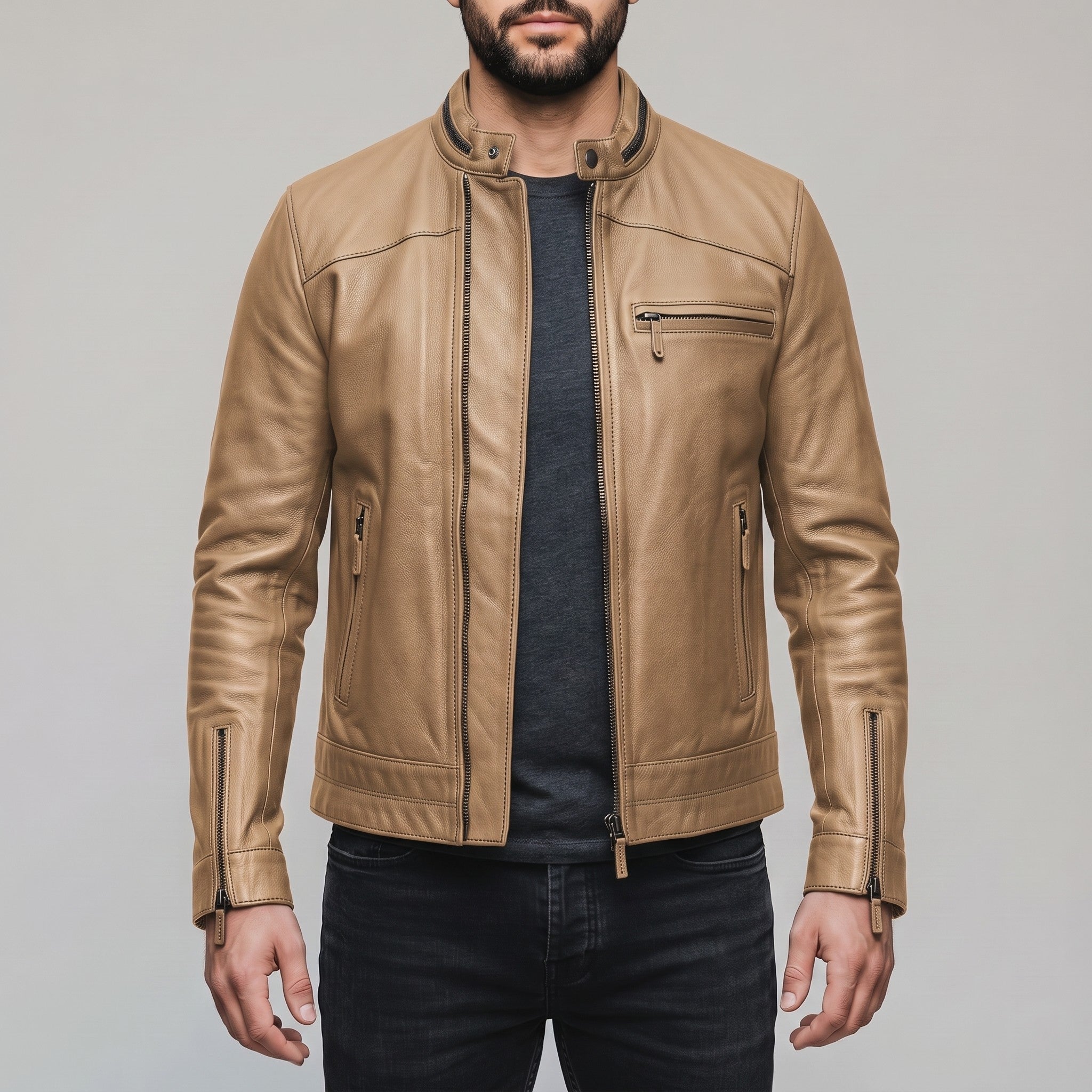 Men's Tan Leather Cafe Racer Jacket — Holton