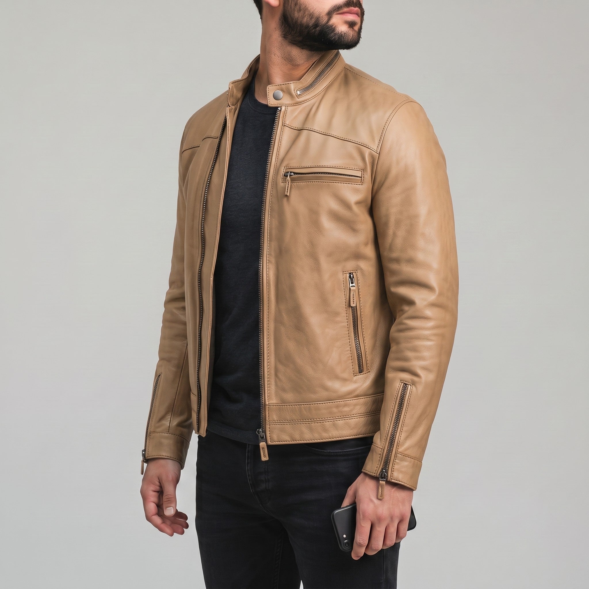 Men's Tan Leather Cafe Racer Jacket — Holton