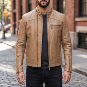 Men's Tan Leather Cafe Racer Jacket — Holton
