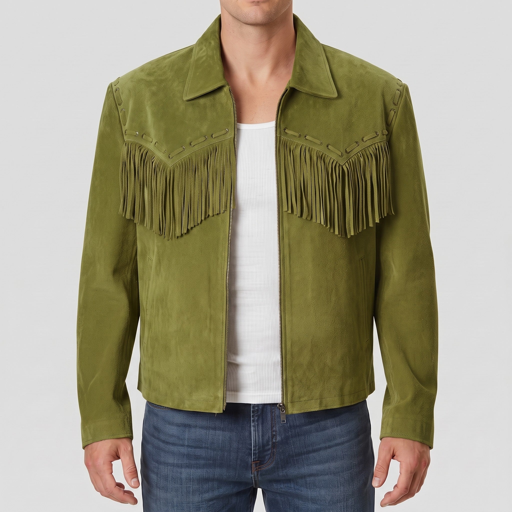 Men's Olive Green Fringe Suede Western Jacket — Lytton
