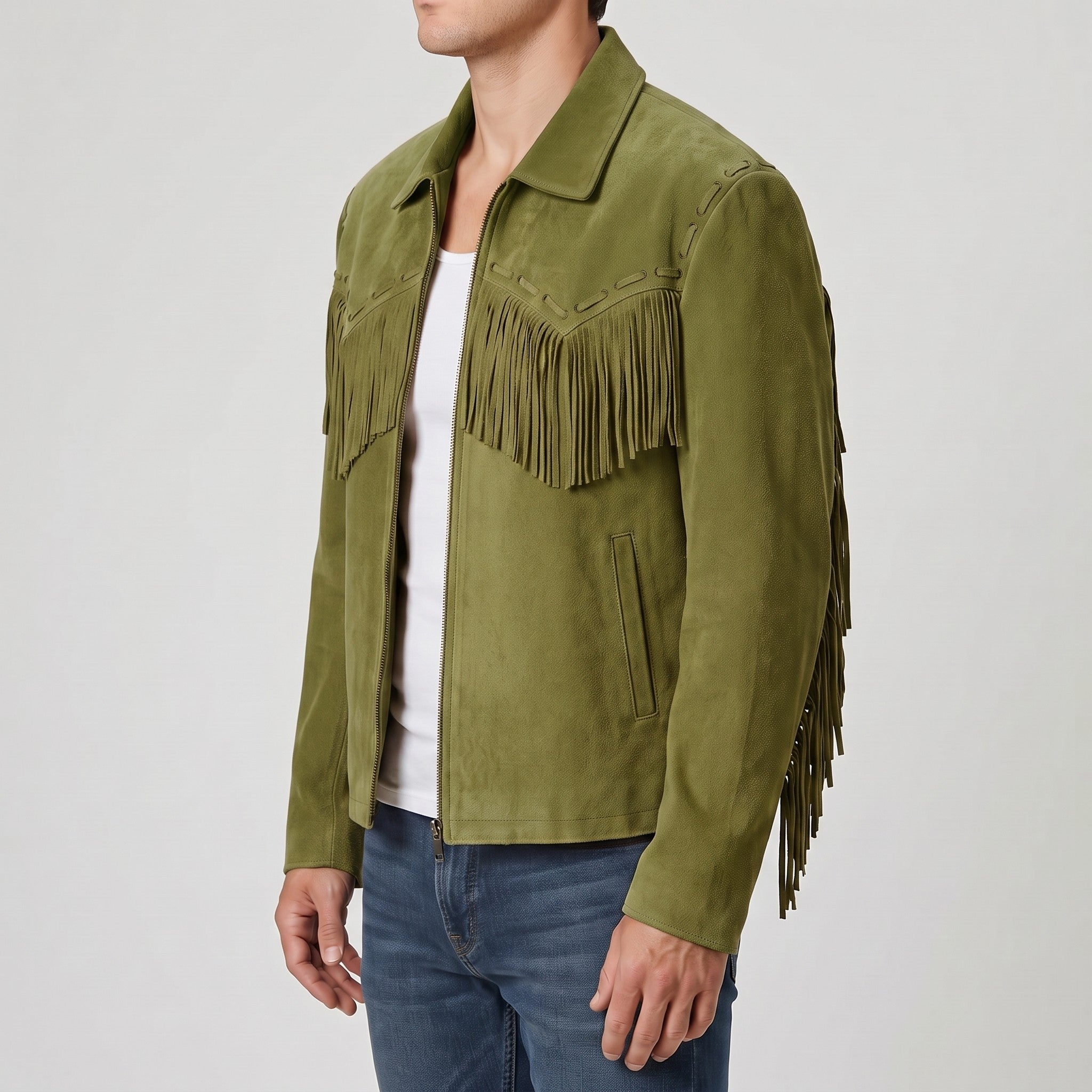 Men's Olive Green Fringe Suede Western Jacket — Lytton