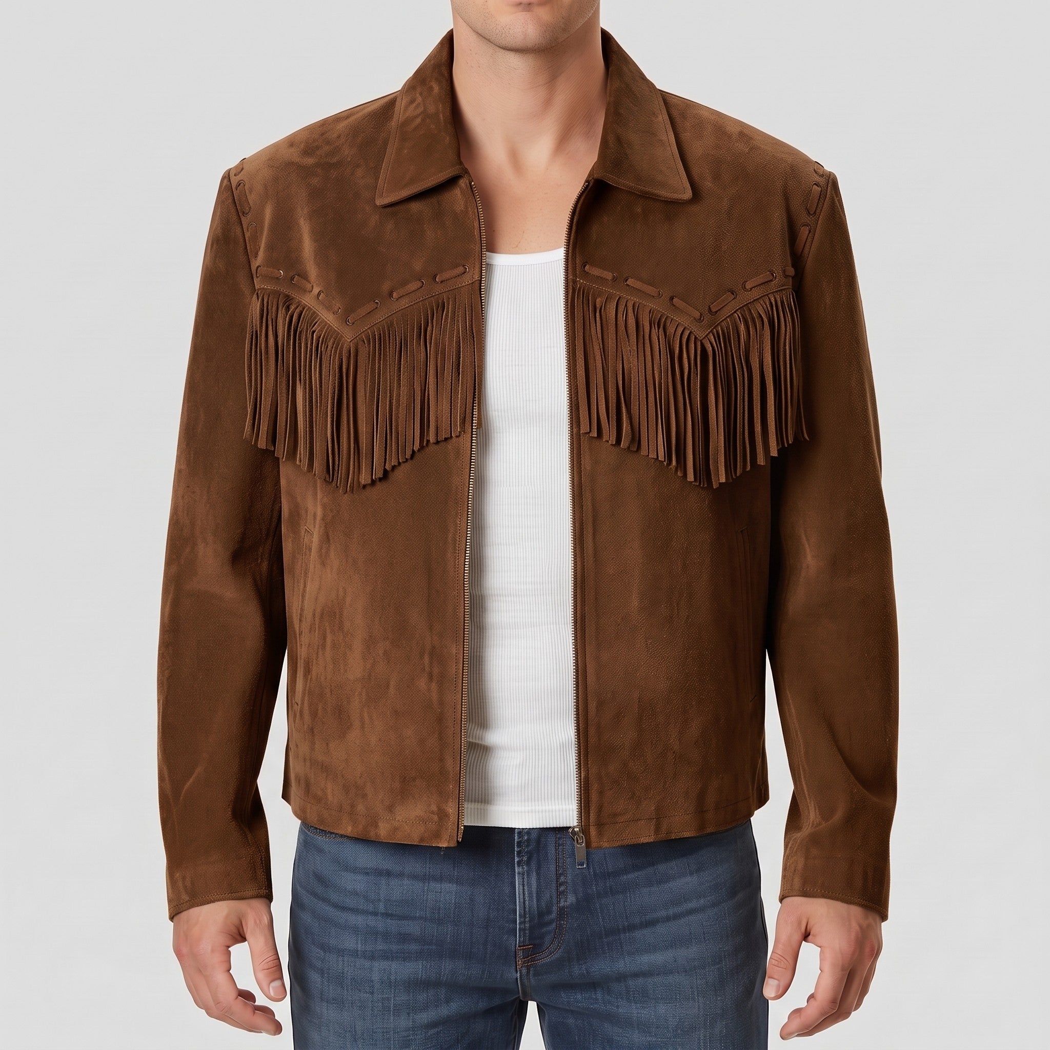 Men's Brown Fringe Suede Western Jacket — Lytton
