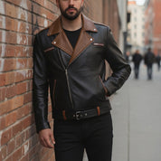 Men's Black and Brown Leather Double Rider Biker Jacket — Abbercombe
