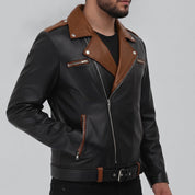 Men's Black and Brown Leather Double Rider Biker Jacket — Abbercombe