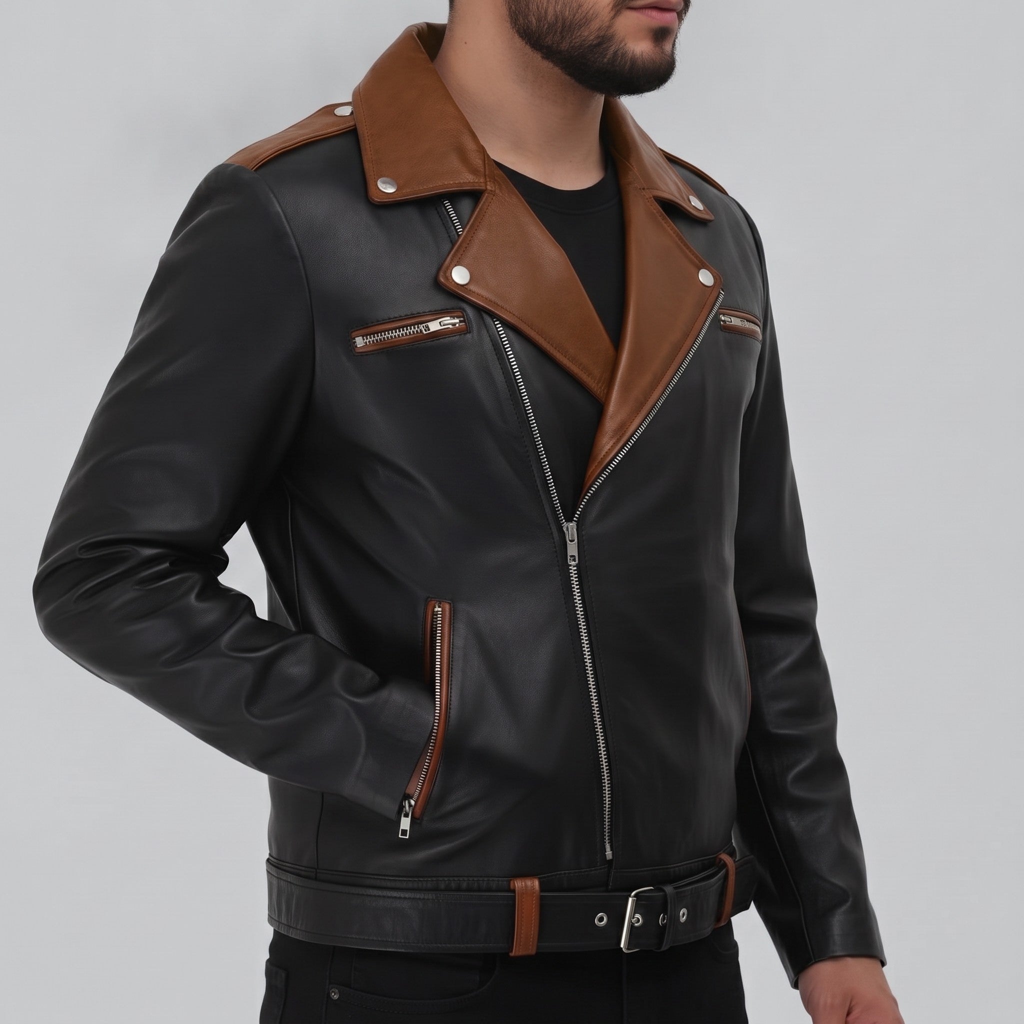 Men's Black and Brown Leather Double Rider Biker Jacket — Abbercombe