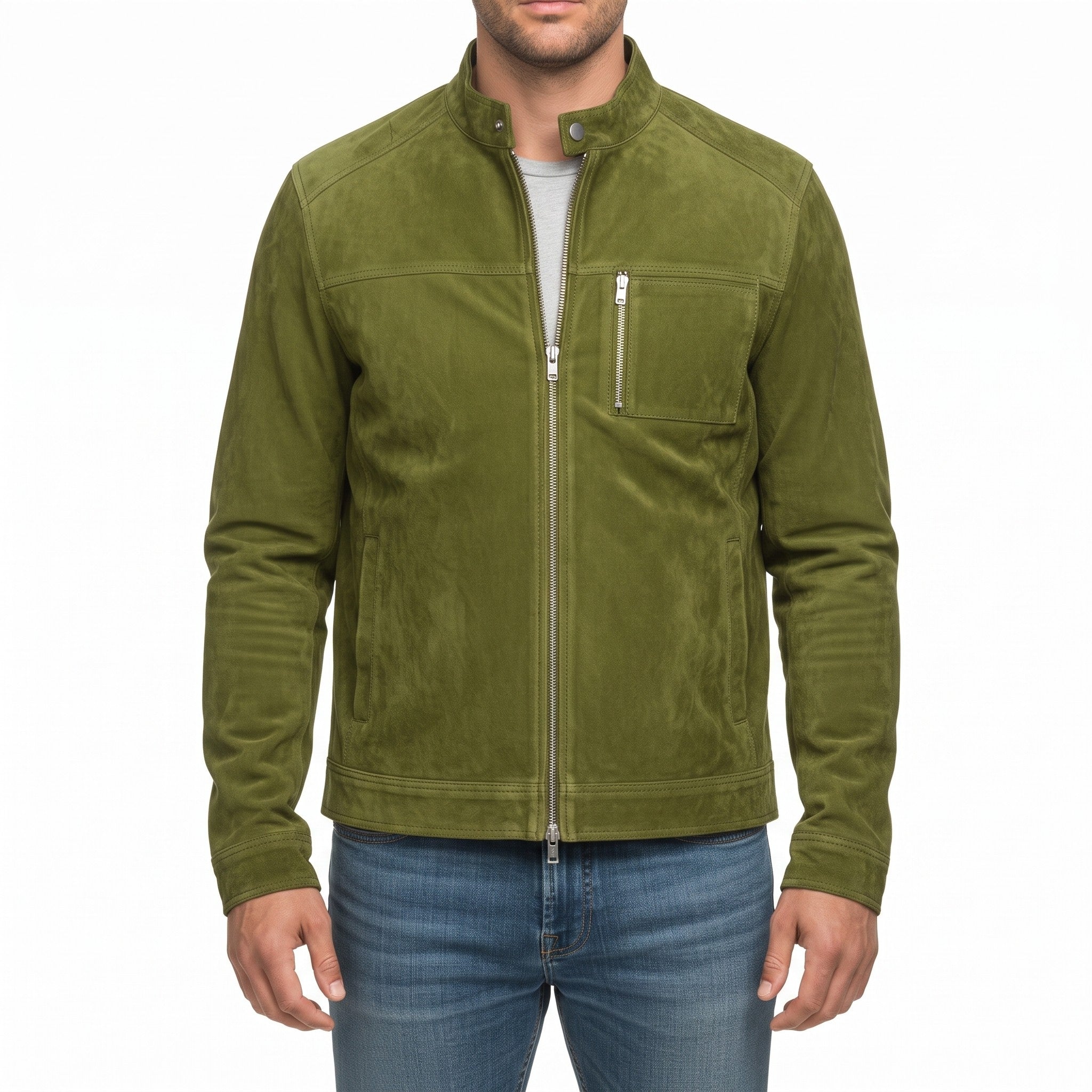 Men's Olive Green Suede Biker Jacket — Amesbury