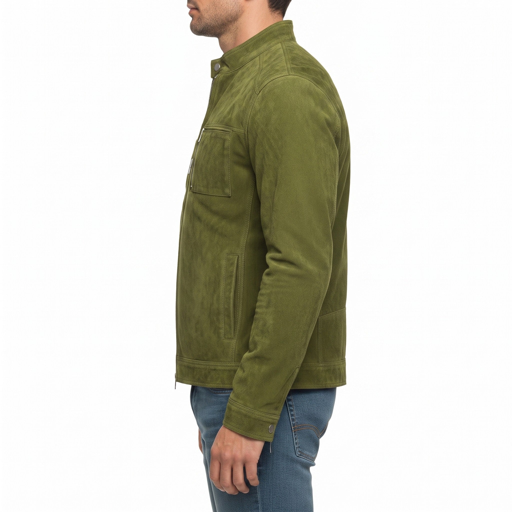 Men's Olive Green Suede Biker Jacket — Amesbury