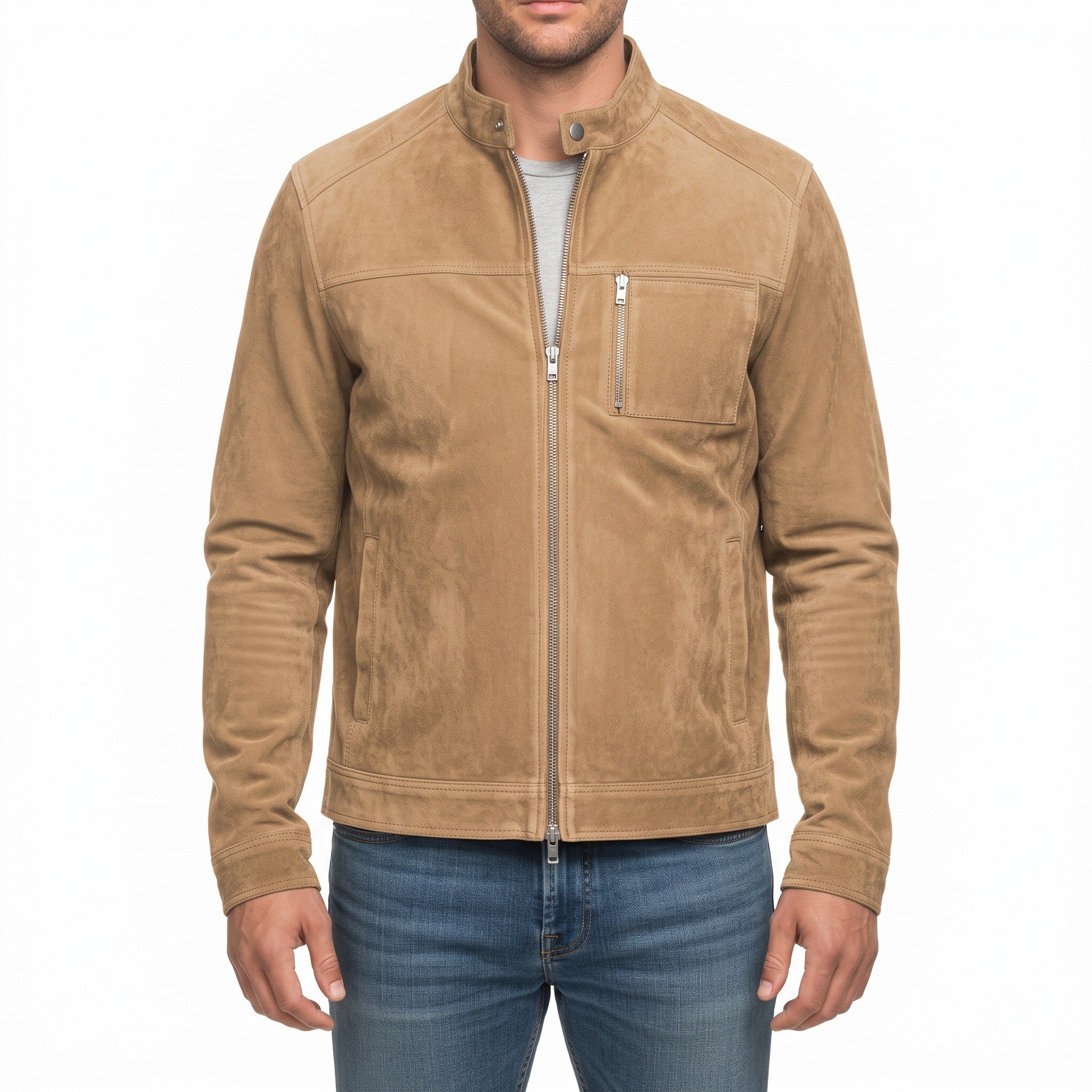 Men's Tan Suede Biker Jacket — Amesbury
