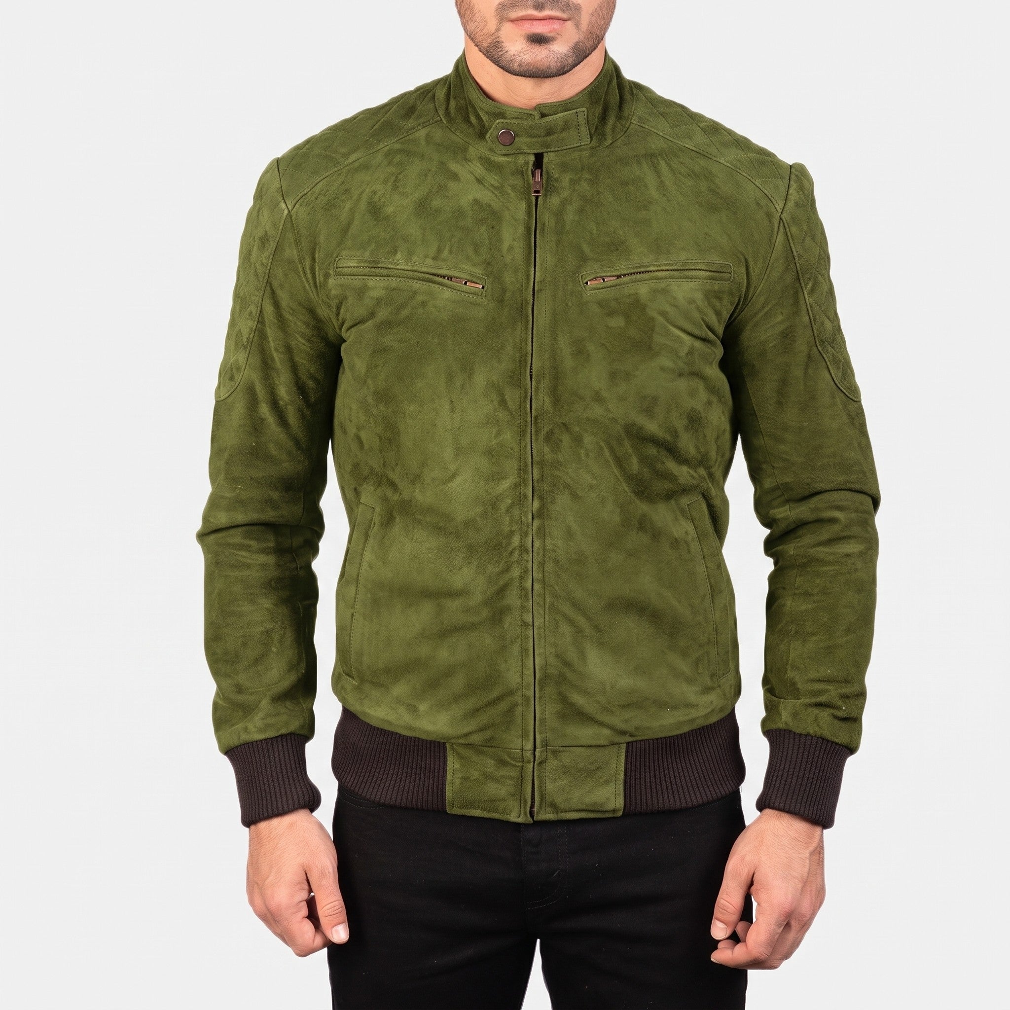 Men's Olive Green Suede Bomber Jacket — Bainton