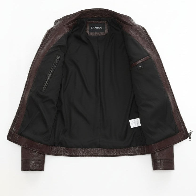 Men's Burgundy Pebbled Leather Cafe Racer Jacket — Vaughan