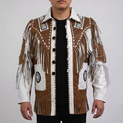 Men's White and Brown Fringed Leather Western Jacket — Hampshire