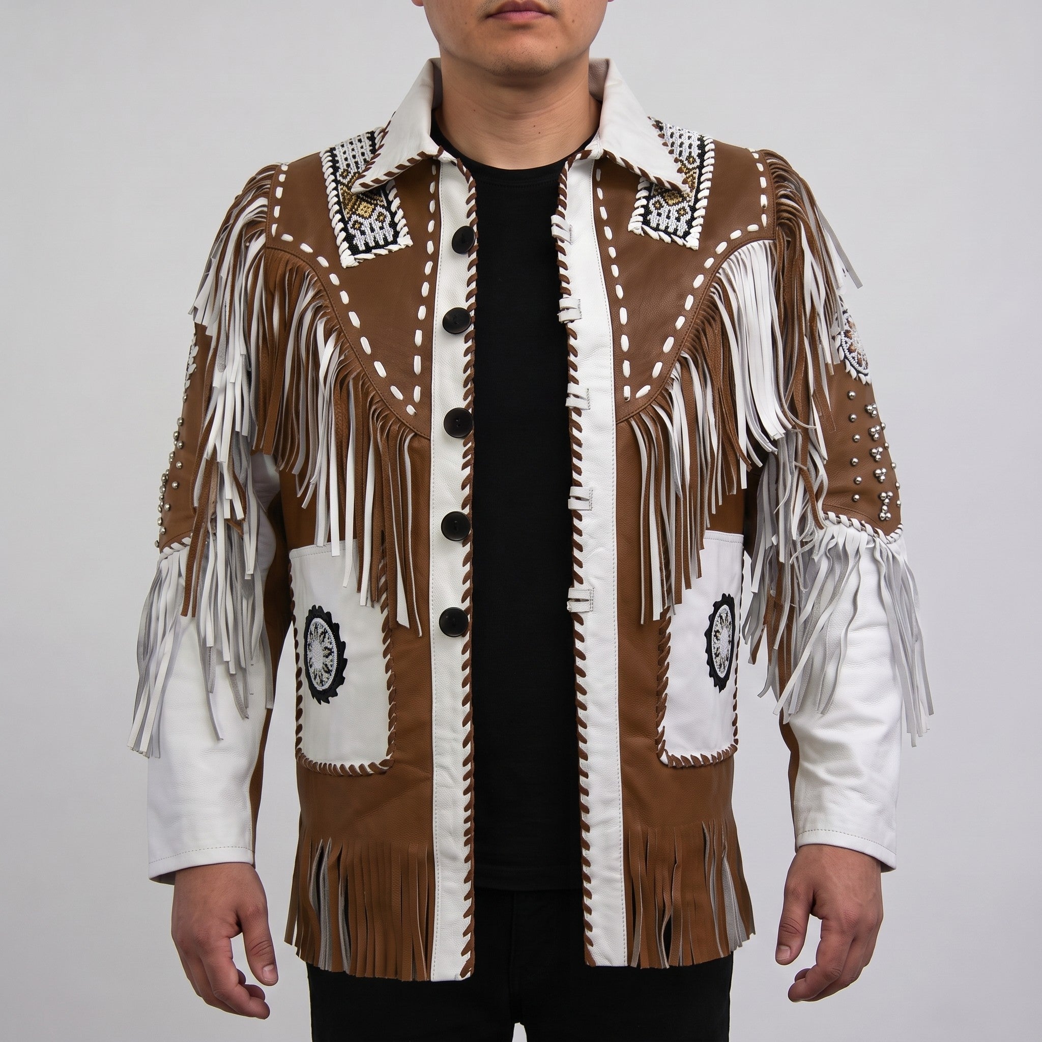 Men's White and Brown Fringed Leather Western Jacket — Hampshire
