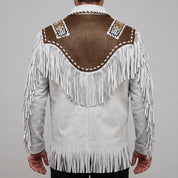 Men's White and Brown Fringed Leather Western Jacket — Hampshire