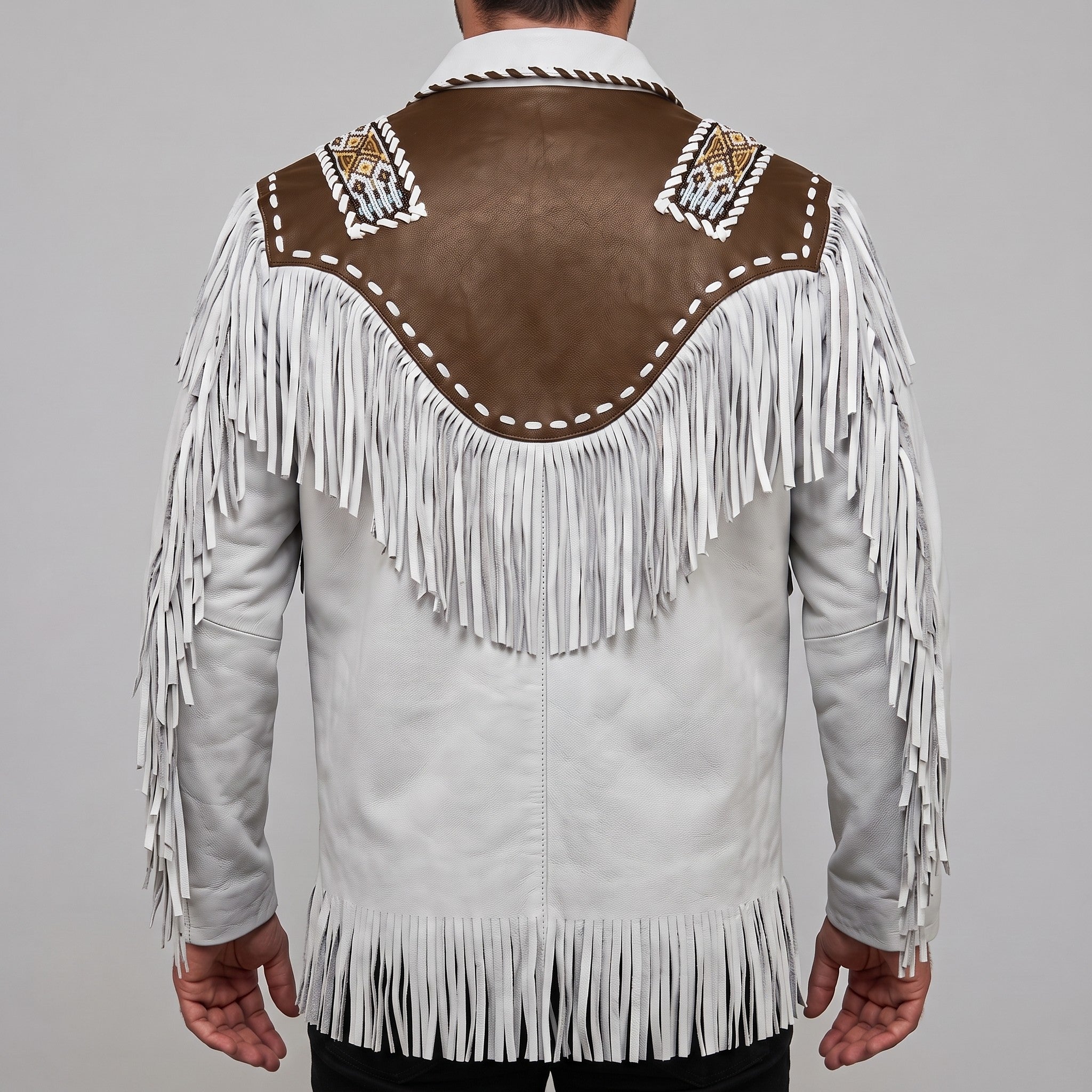 Men's White and Brown Fringed Leather Western Jacket — Hampshire