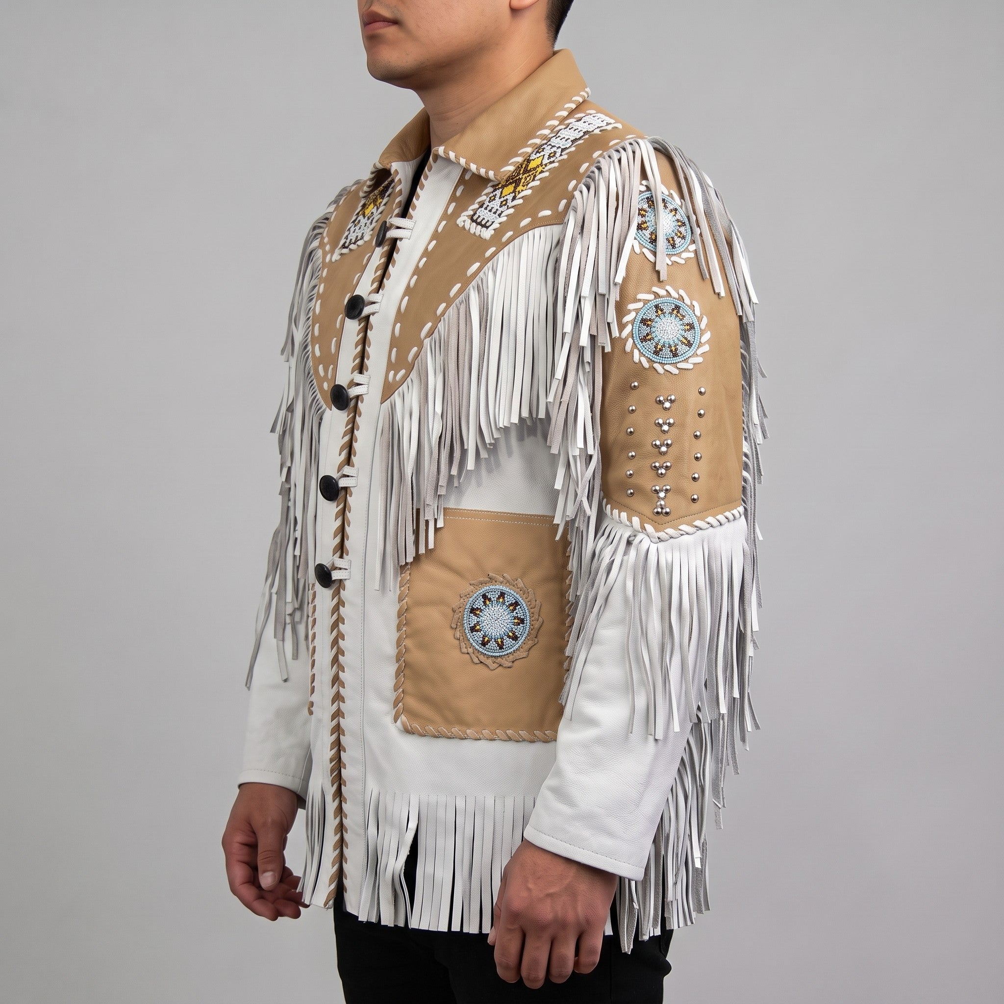 Men's White and Tan Fringed Leather Western Jacket — Hampshire