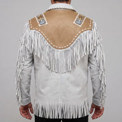 Men's White and Tan Fringed Leather Western Jacket — Hampshire