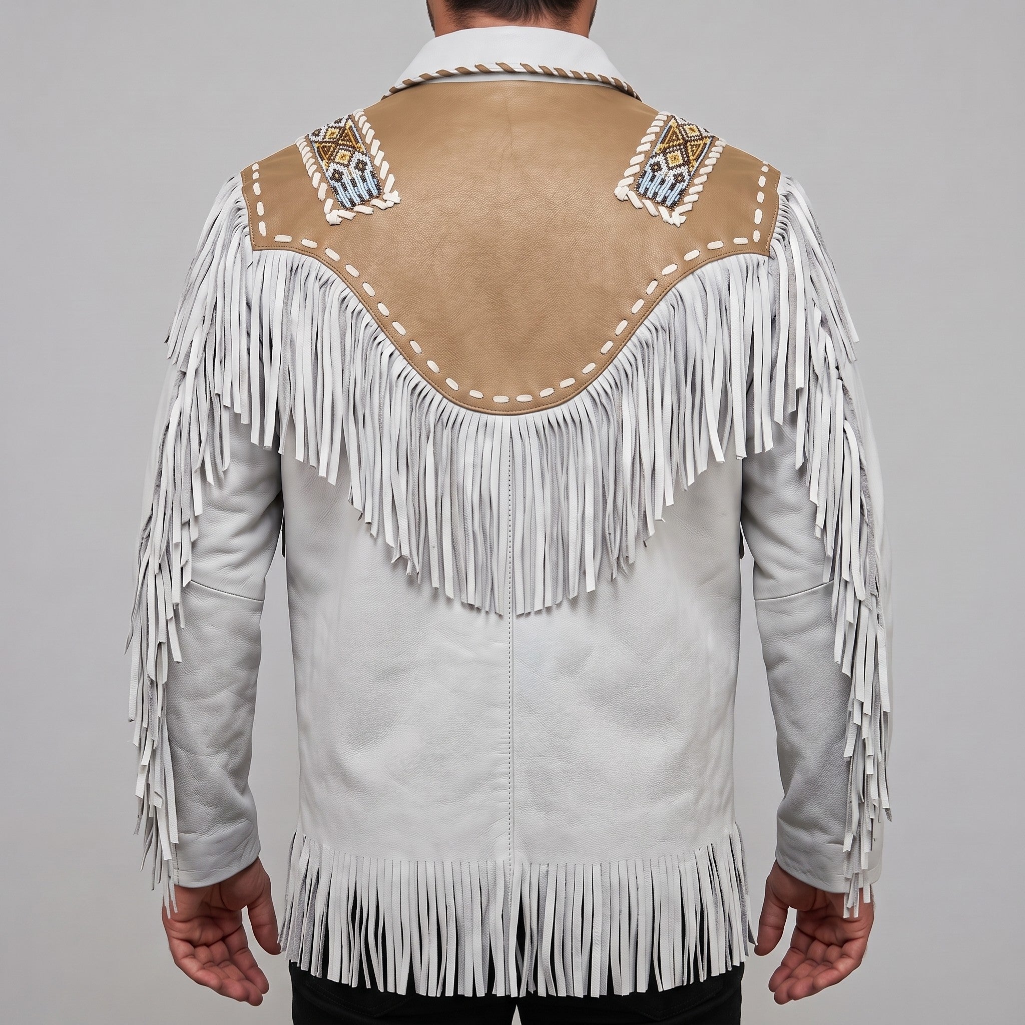 Men's White and Tan Fringed Leather Western Jacket — Hampshire