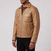 Men's Tan Leather Trucker Jacket — Heatherton