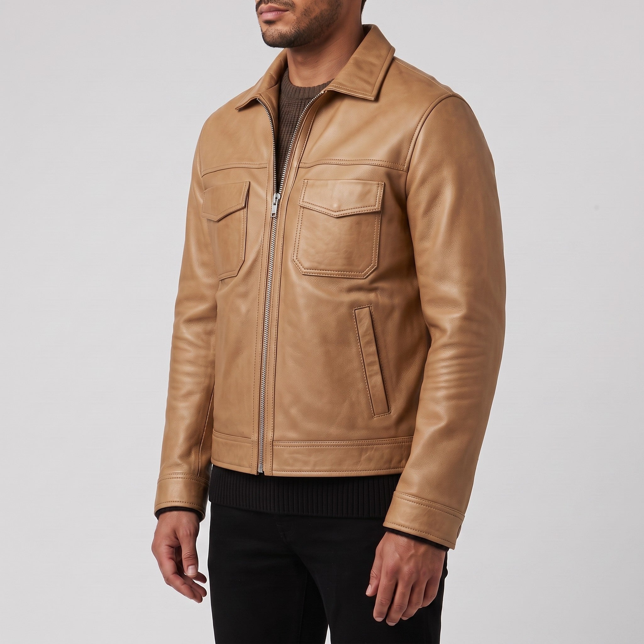 Men's Tan Leather Trucker Jacket — Heatherton
