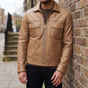 Men's Tan Leather Trucker Jacket — Heatherton