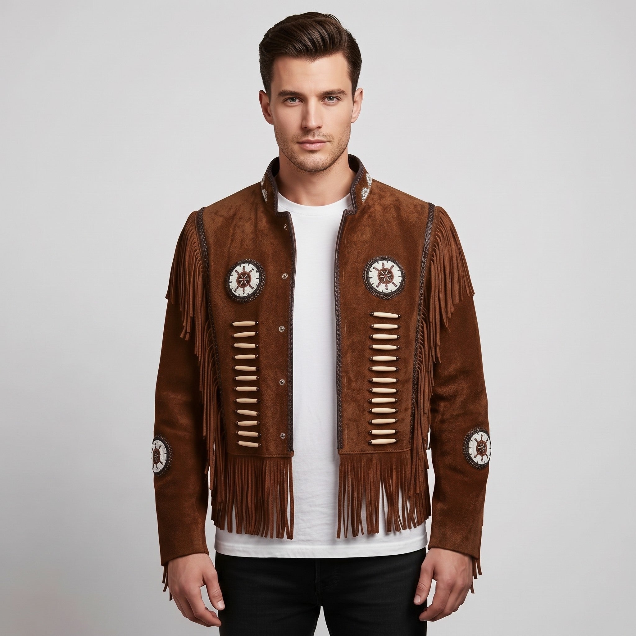 Men's Brown Fringe Beaded Suede Jacket — Cottrell