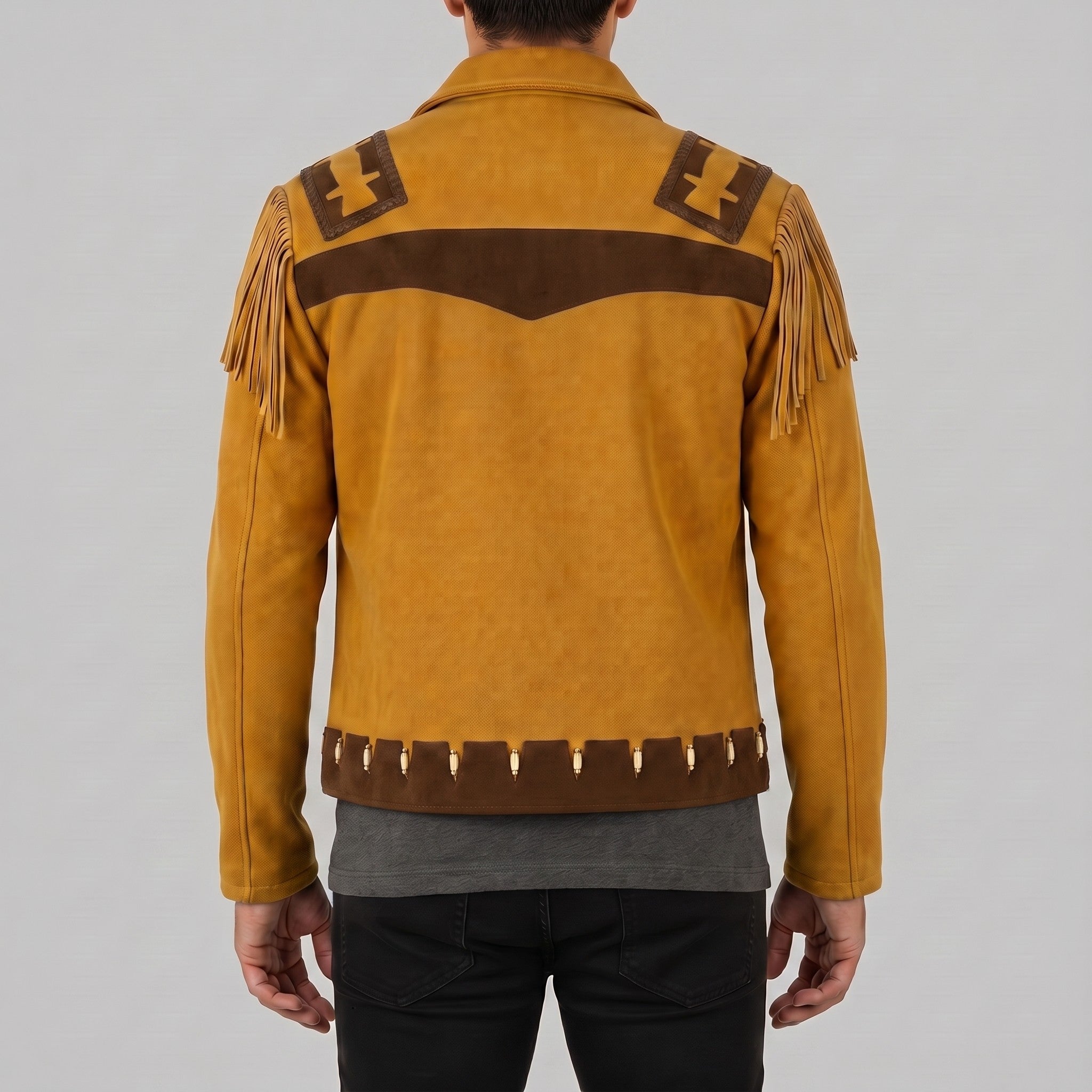 Men's Mustard Yellow and Brown Fringed Suede Trucker Jacket — Hurlingham
