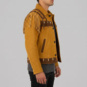 Men's Mustard Yellow and Brown Fringed Suede Trucker Jacket — Hurlingham