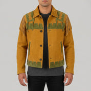 Men's Mustard Yellow and Olive Green Fringed Suede Trucker Jacket — Hurlingham