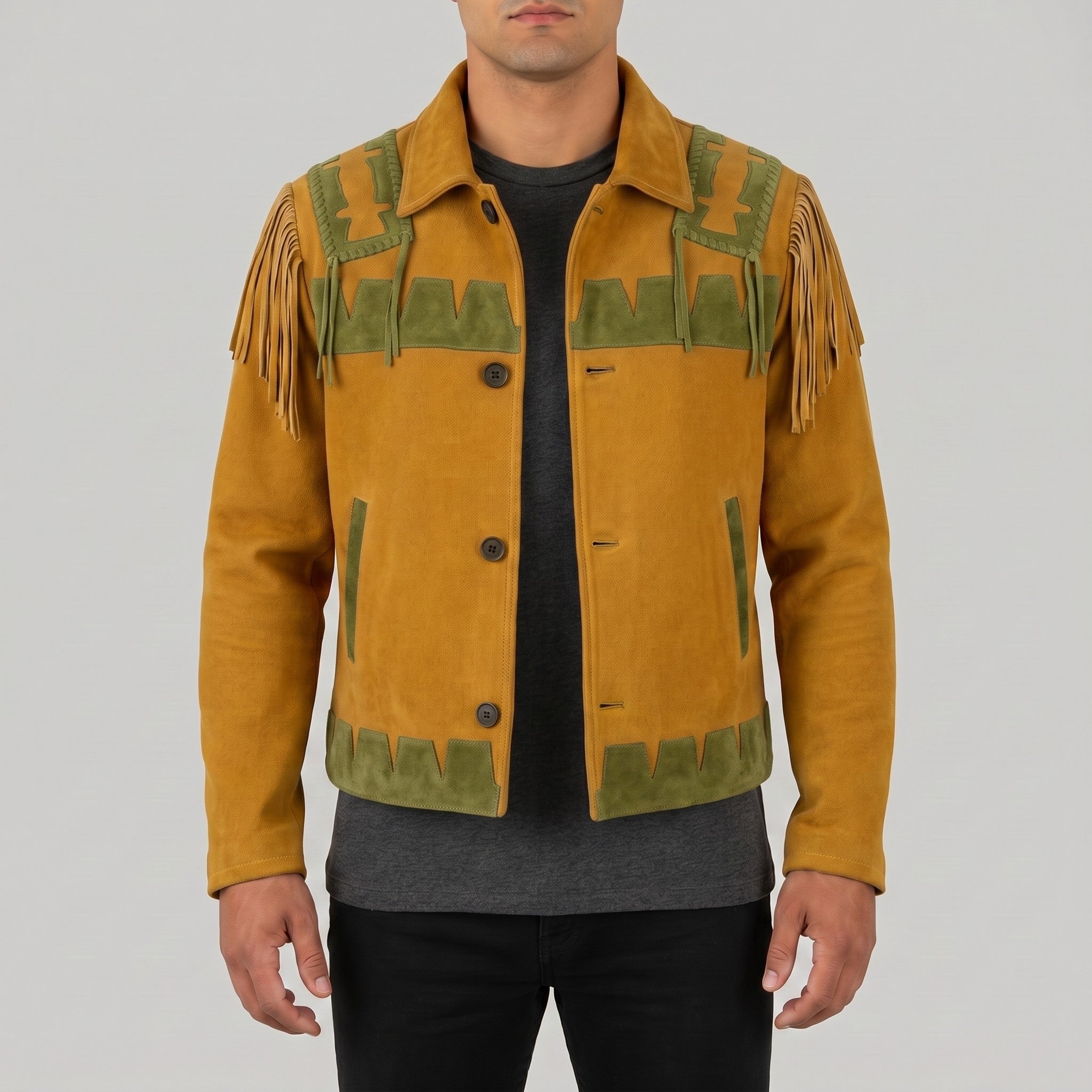 Men's Mustard Yellow and Olive Green Fringed Suede Trucker Jacket — Hurlingham
