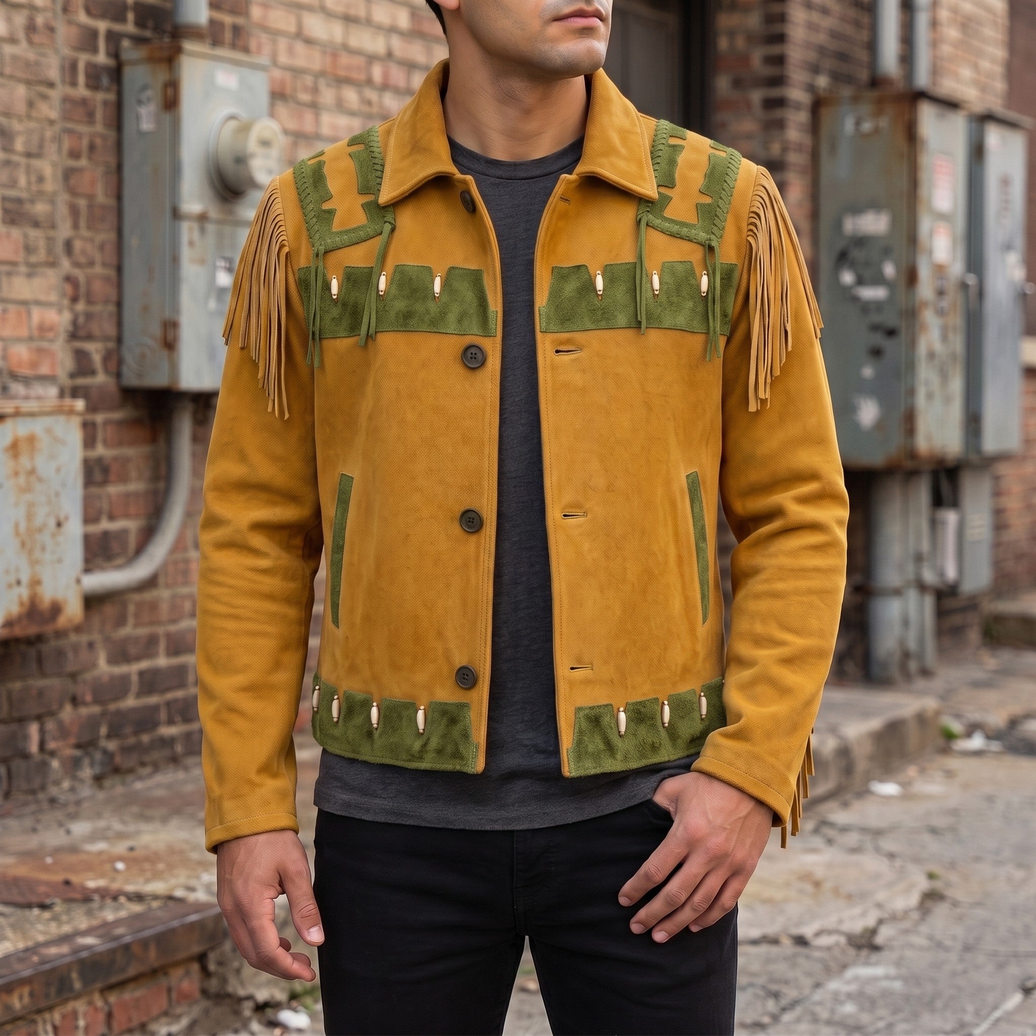 Men's Mustard Yellow and Olive Green Fringed Suede Trucker Jacket — Hurlingham