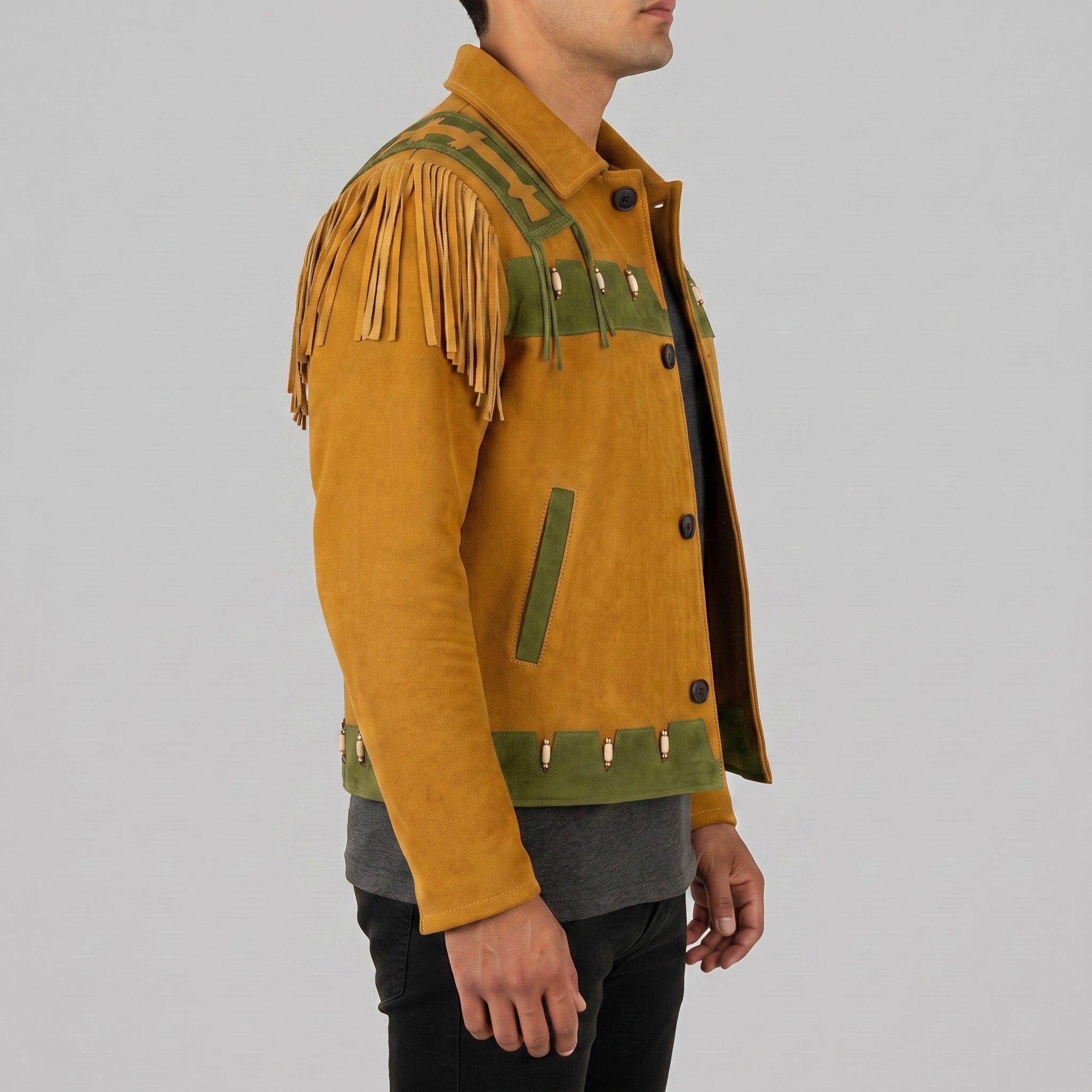 Men's Mustard Yellow and Olive Green Fringed Suede Trucker Jacket — Hurlingham
