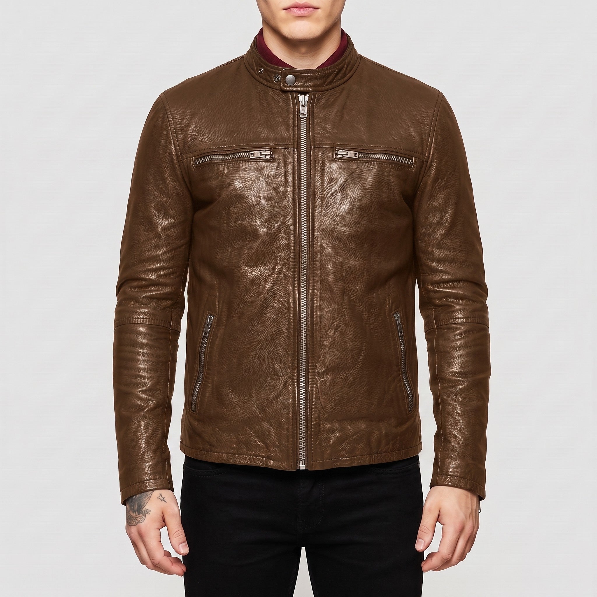 Men's Brown Leather Cafe Racer Jacket — Appleford