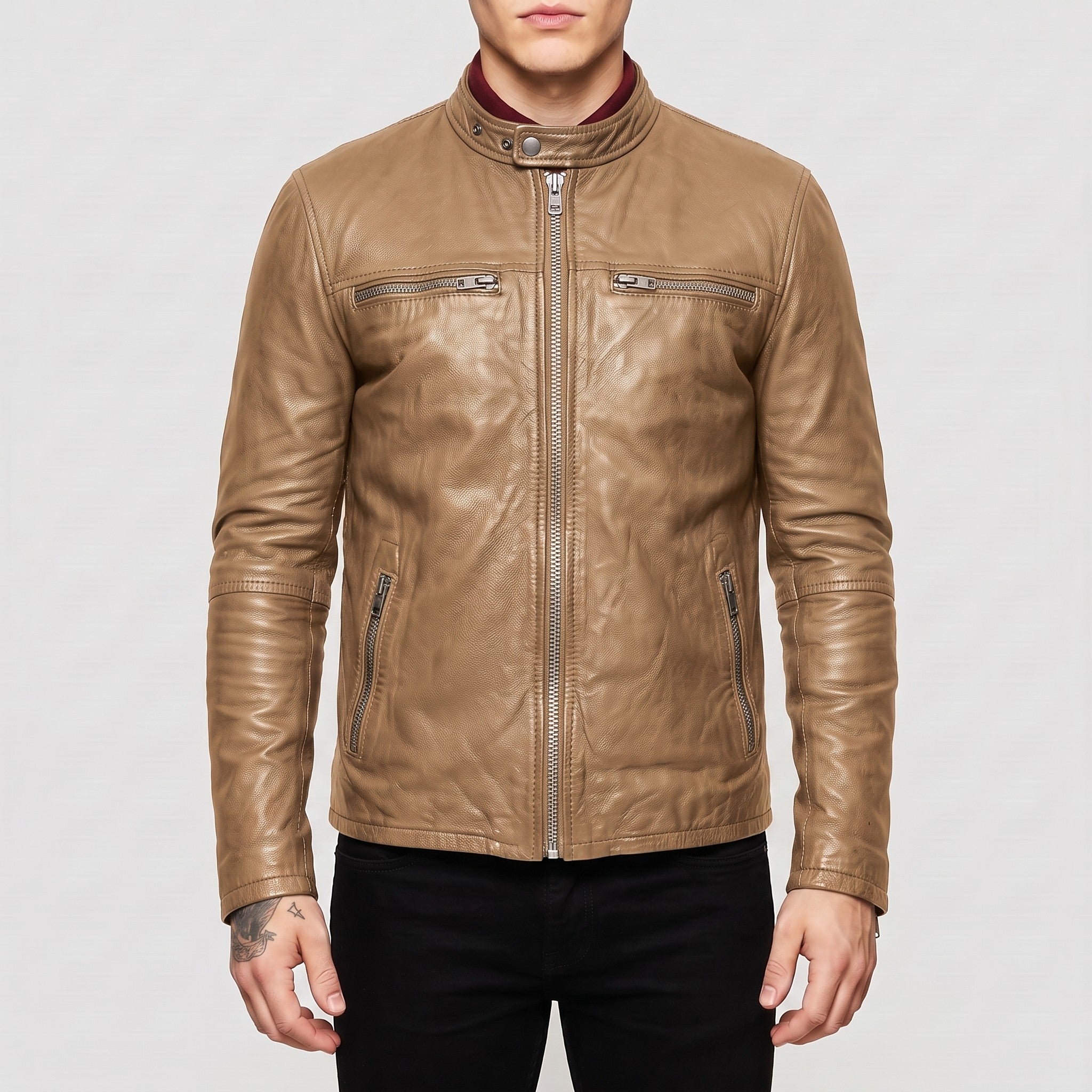 Men's Tan Leather Cafe Racer Jacket — Appleford