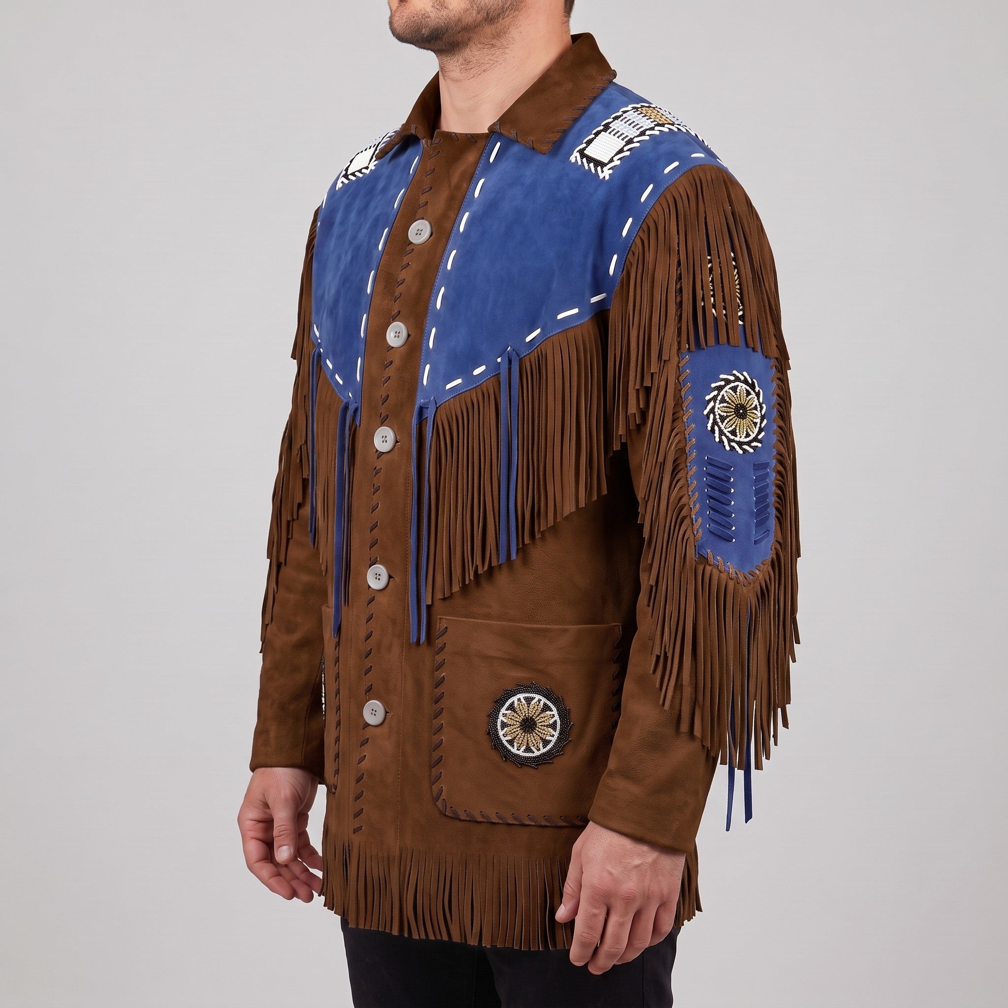 Men's Brown and Blue Fringed Suede Western Jacket — Eastham