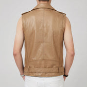 Men's Tan Belted Leather Perfecto Biker Vest — Loxley